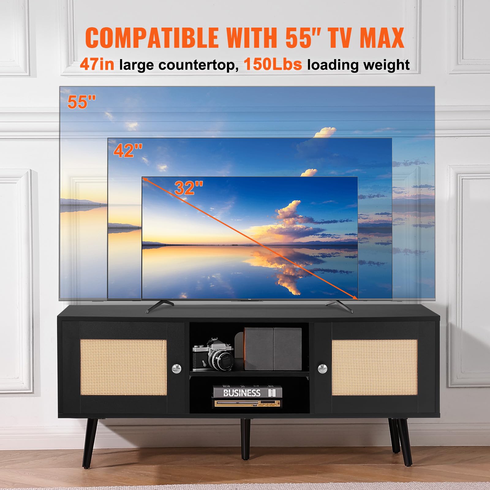 VEVOR Rattan-TV-Ständer, Fernsehschrank Boho-TV-Schrank für 140 cm Fernseher, Retro-TV-Ständer, Rattan-TV-Konsole mit verstellbaren Regalen & 2 Türen, für Wohnzimmer, Medienraum, Schwarz