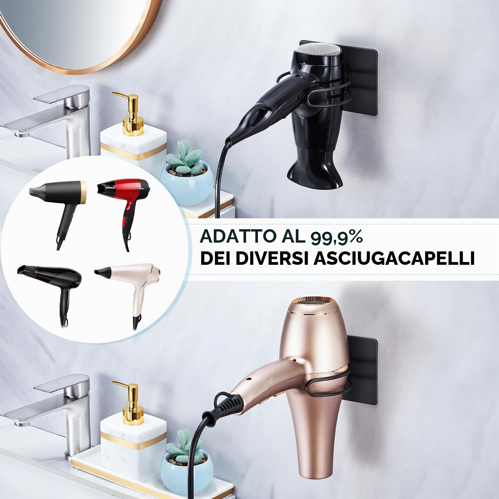 Porta Phon da Muro, porta Asciugacapelli Adesivo, Supporto Phon, porta Phone Bagno da Muro, Supporto Asciugacapelli, Nero