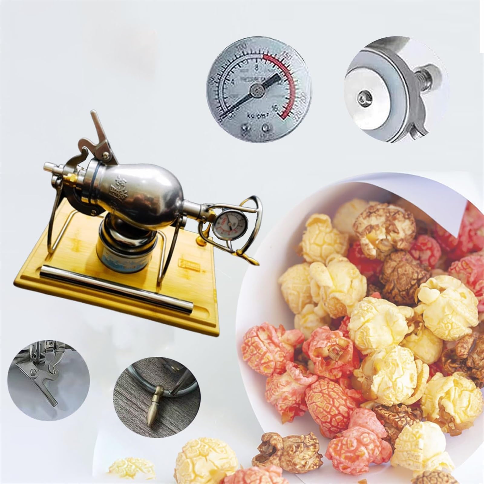 Ręczny Popcorn O Pojemności 320ml, Z Korbą, Podstawa Z Drewnianej Deski Mini Wysokociśnieniowa Maszyna Do Robienia Popcornu Ze Stali Nierdzewnej, Z Manometrem, Ogrzewanie Gazowe Slow