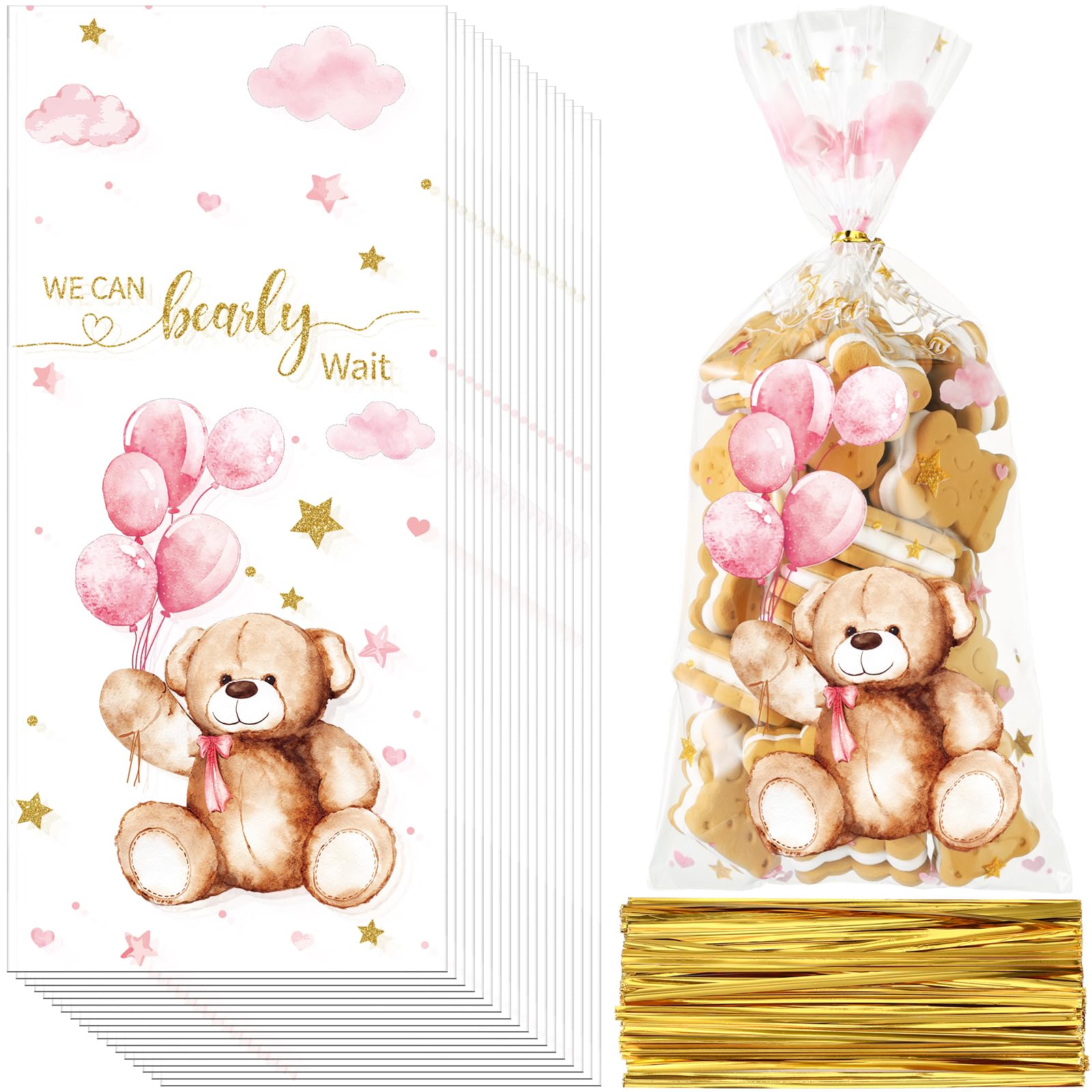 Maitys 100 Pieces Bear Baby Shower Treats Cellophane Bags Plastic Goodie Candy Bags with 100 Gold Twist Ties Gift Bags for Gender Reveal Birthday