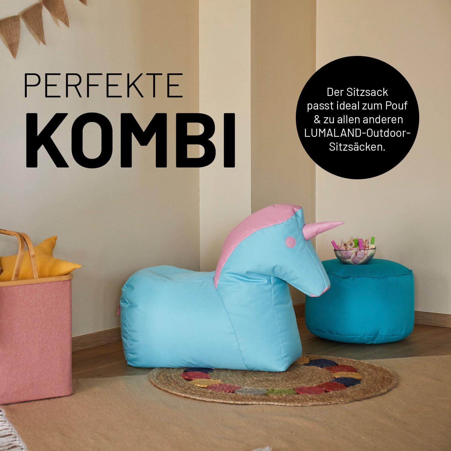 Lumaland Kindersitzsack Einhorn | Sitzsack Tier Familie für Kinder | Wasserabweisender Bean Bag für Indoor & Outdoor | Pflegeleichtes Material | 85 x 70 x 45 cm & 1,9 kg leicht [Pink/Grau]