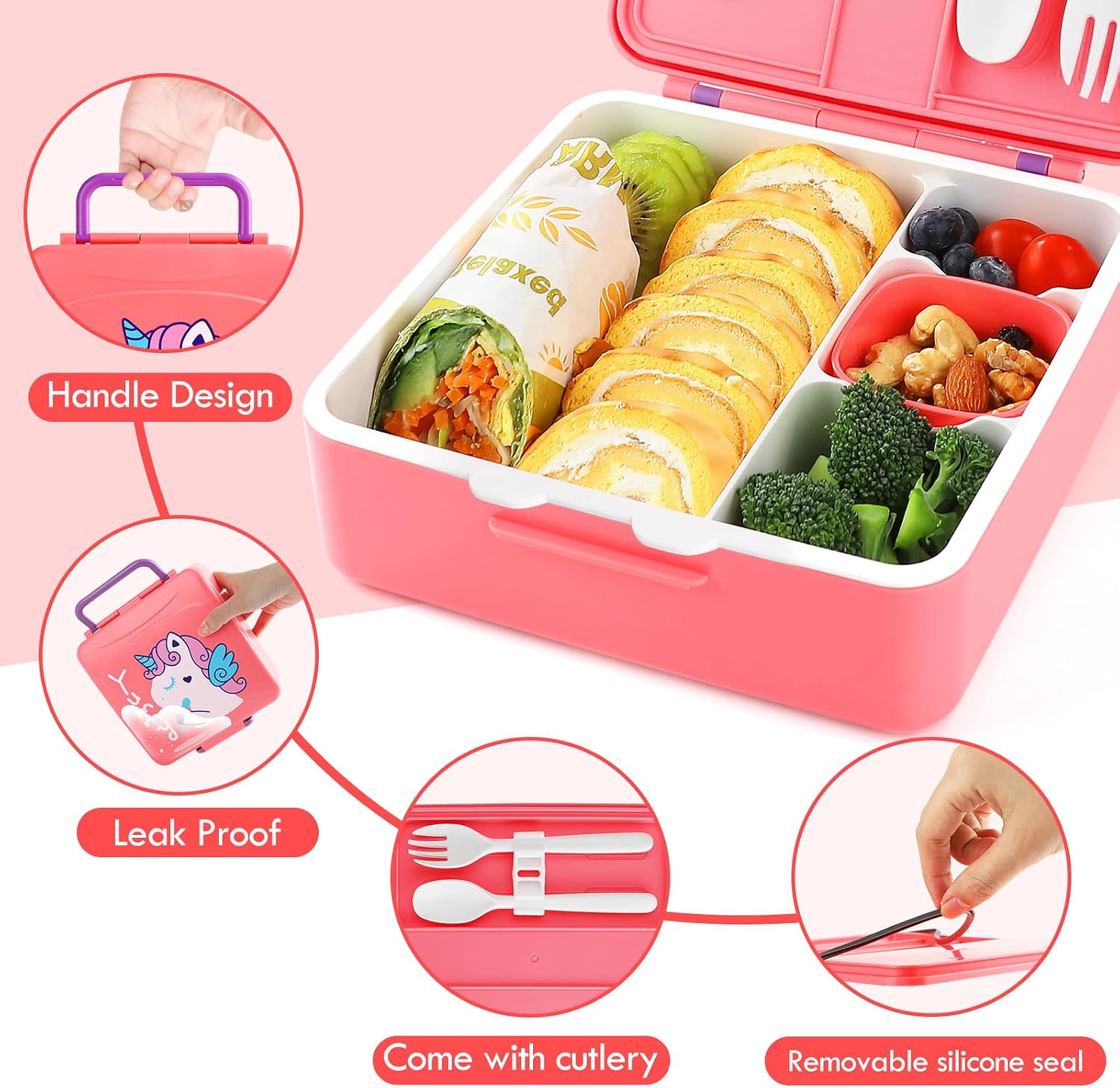 Lehoo Castle Bento Lunch Box for Kids with 4 Compartments,1300ml Lunch Containers with Sauce Jar, Spoon&Fork, Durable, Leak Proof, BPA-Free and Food-Safe Materials (Pink)