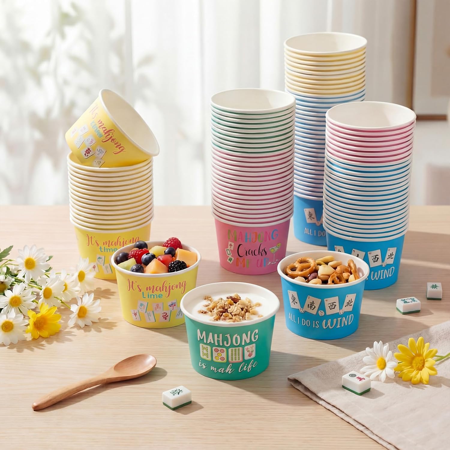 Sliner 100 Pcs 9 oz Mahjong Treat Snack Cups Bulk Ice Cream Paper Bowl Funny Disposable Mahjong Party Supplies Paper Cups for Game Night Dessert Soup Treats (Classic)