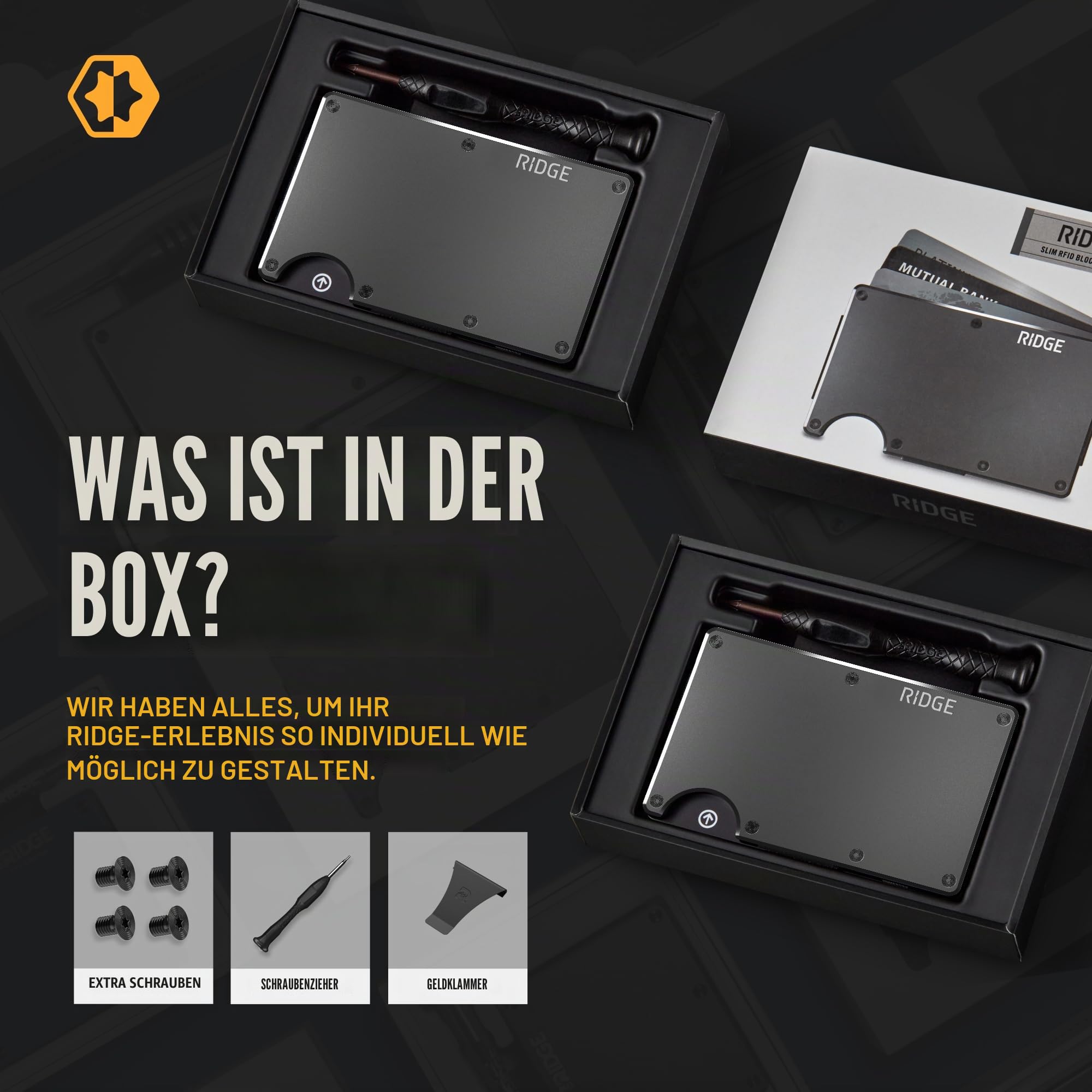 Ridge Minimalistische Geldbörse für Herren - Schlanke Fronttasche RFID-Kartenhalter mit Sechskant-Rand, Gunmetal