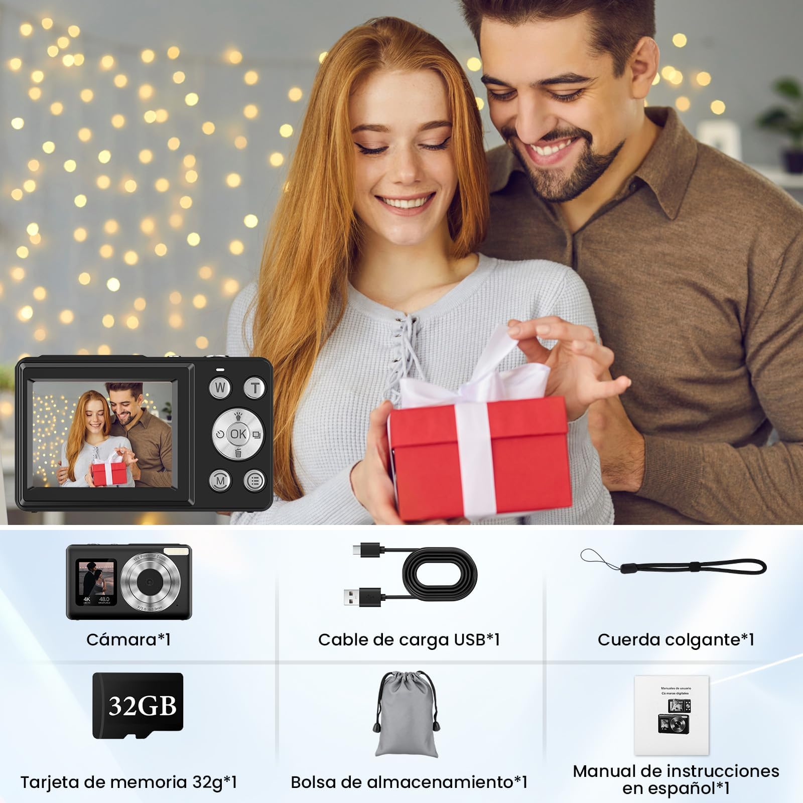 Appareil Photo Numérique avecà Double Écran - 48MP HD 4k Digital Caméra, Appareil Photo Compact Portable avec Zoom Numérique 18X Anti-Shake Caméra, Carte de 32GB, pour Enfant/Ados/Débutant, Noir