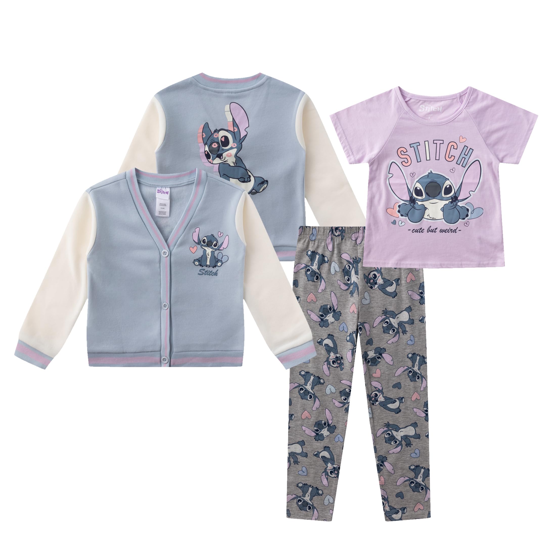 Disney Lilo & Stitch Girls Pants with Varsity Cardigan and Short Sleeve T-Shirt 3 Piece Set for Little to Big Kids