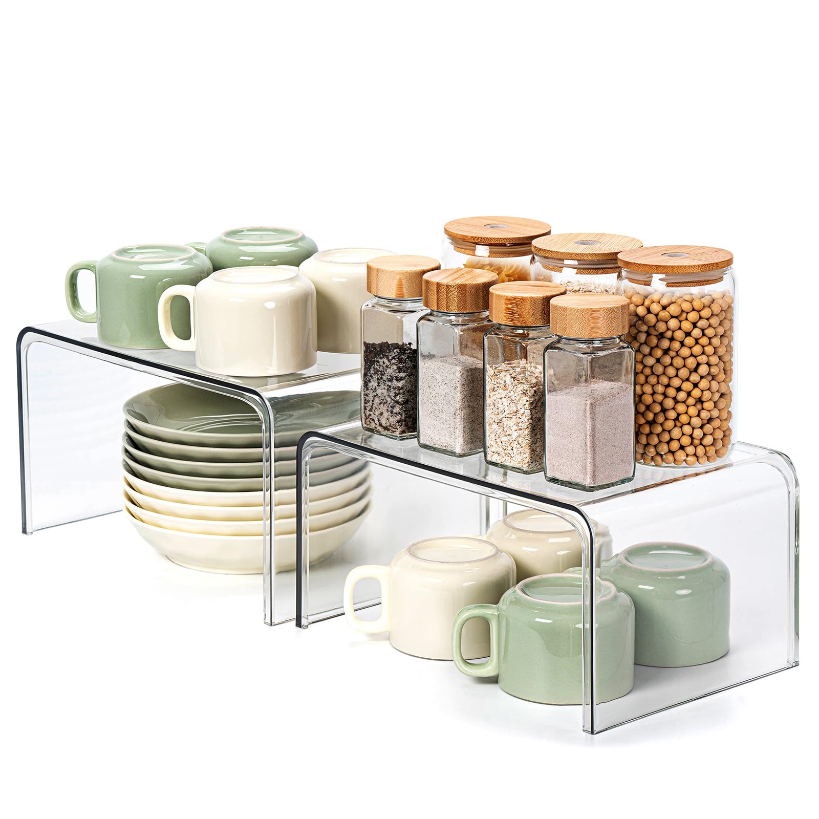Bobomoment Clear Cabinet Organizer, Shelf Organizer Set of 2 for Kitchen Pantry Organizers and Storage, Display Shelf Room Decor Countertop Desk Shelves, Patented Spice Organization for Cabinet