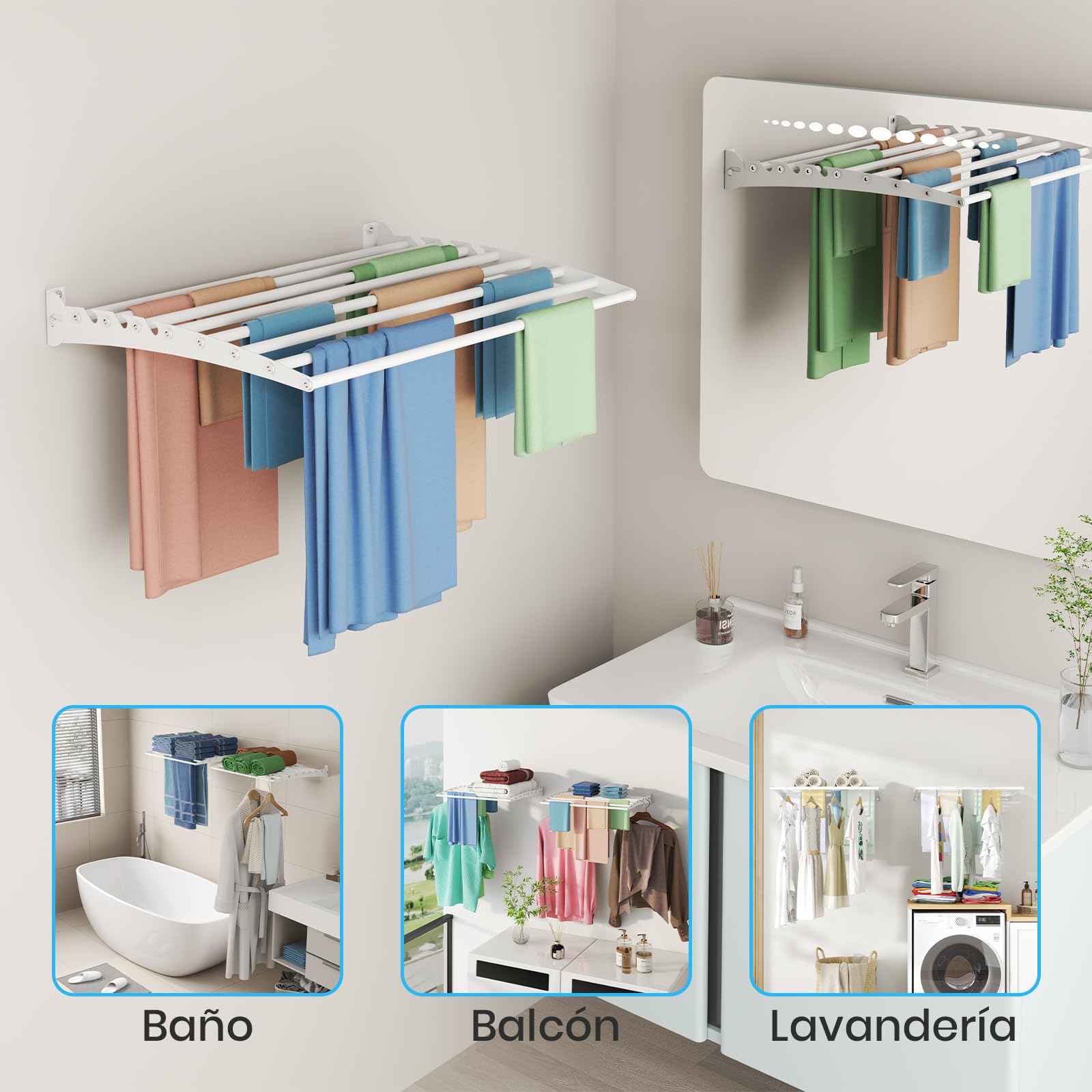 Innotic - Tendederos de Pared Plegable, secador de Ropa, Ahorro de Espacio, Metal para Interior y Exterior, balcón, Cuarto de baño, 8 Barras de 60 cm