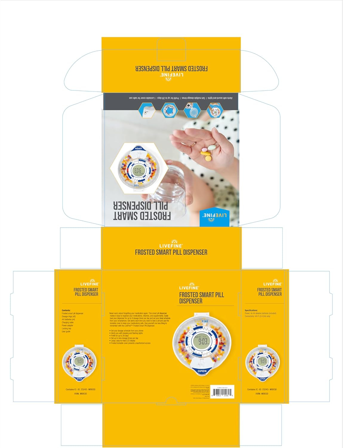 Live Fine Smart WiFi Automatic Pill Dispenser with alarm and light indicators, showing options for setting reminders, alarm tone, and volume.