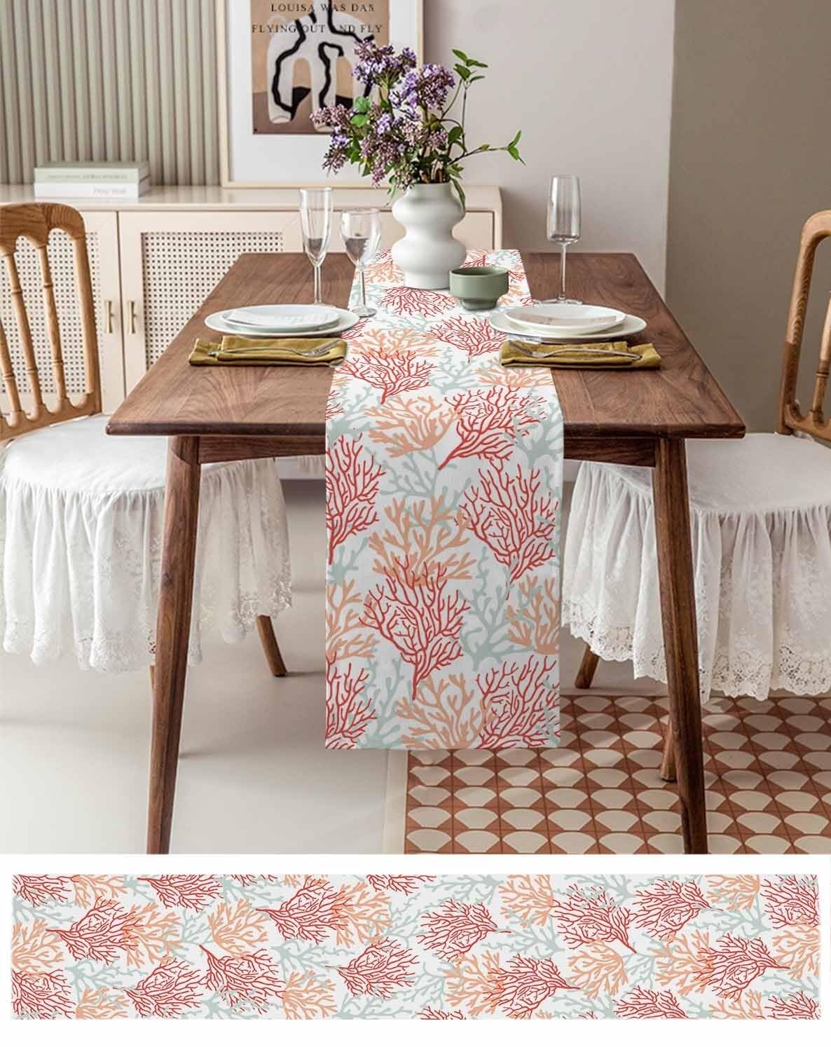 Chemin de Table en Coton et Lin Bleu Corail 13"x60" - Parfait for Une décoration sur Le thème de la Plage en été(Red Orange Grey Coral,18x72 inch)