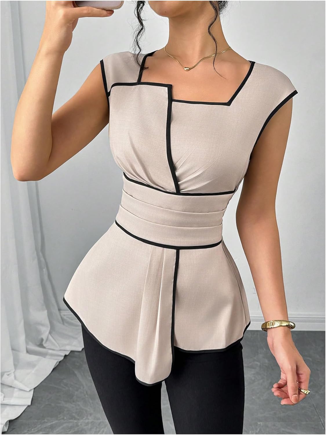 SOLY HUX Women's Square Neck Cap Sleeve Blouse Peplum Asymmetrical Summer Casual Work Tops - Image 4