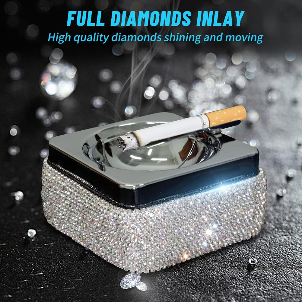 Ashtray,Stainless Steel Ashtray with Lid Bling Crystal Diamonds,Cigarette Ashtray for Indoor or Outdoor Use,Ash Holder for Smokers,Desktop Smoking Ash Tray for Home Office Decoration,Square - Silver