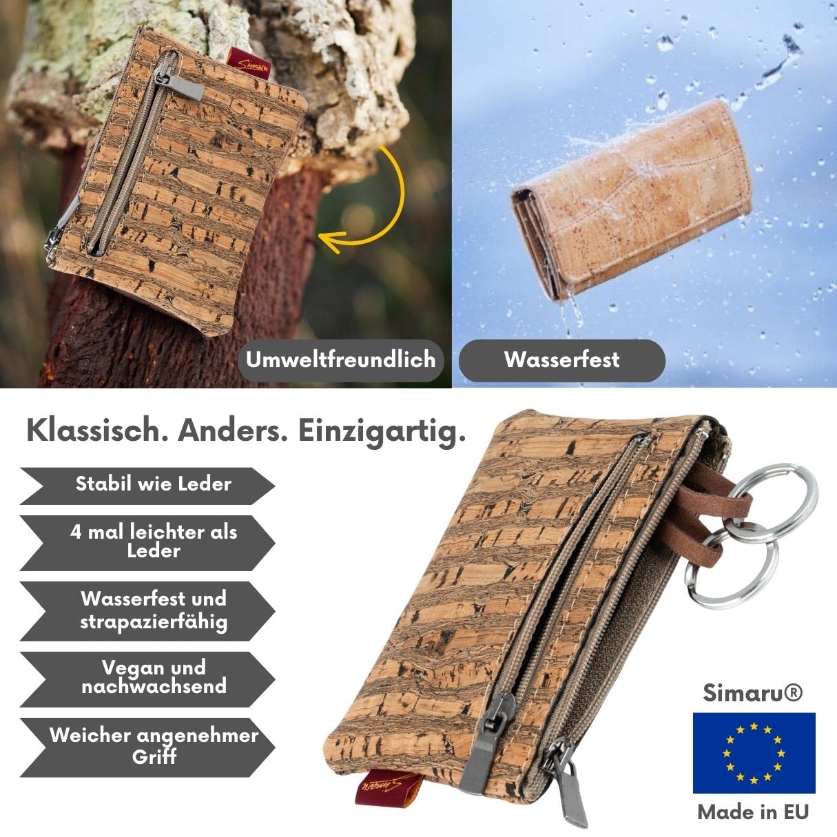 Simaru Schlüsseletui Schlüsseletuis Schlüsseltasche aus Kork mit Zwei Reißverschlüssen Vegan Made in EU (Raizes)