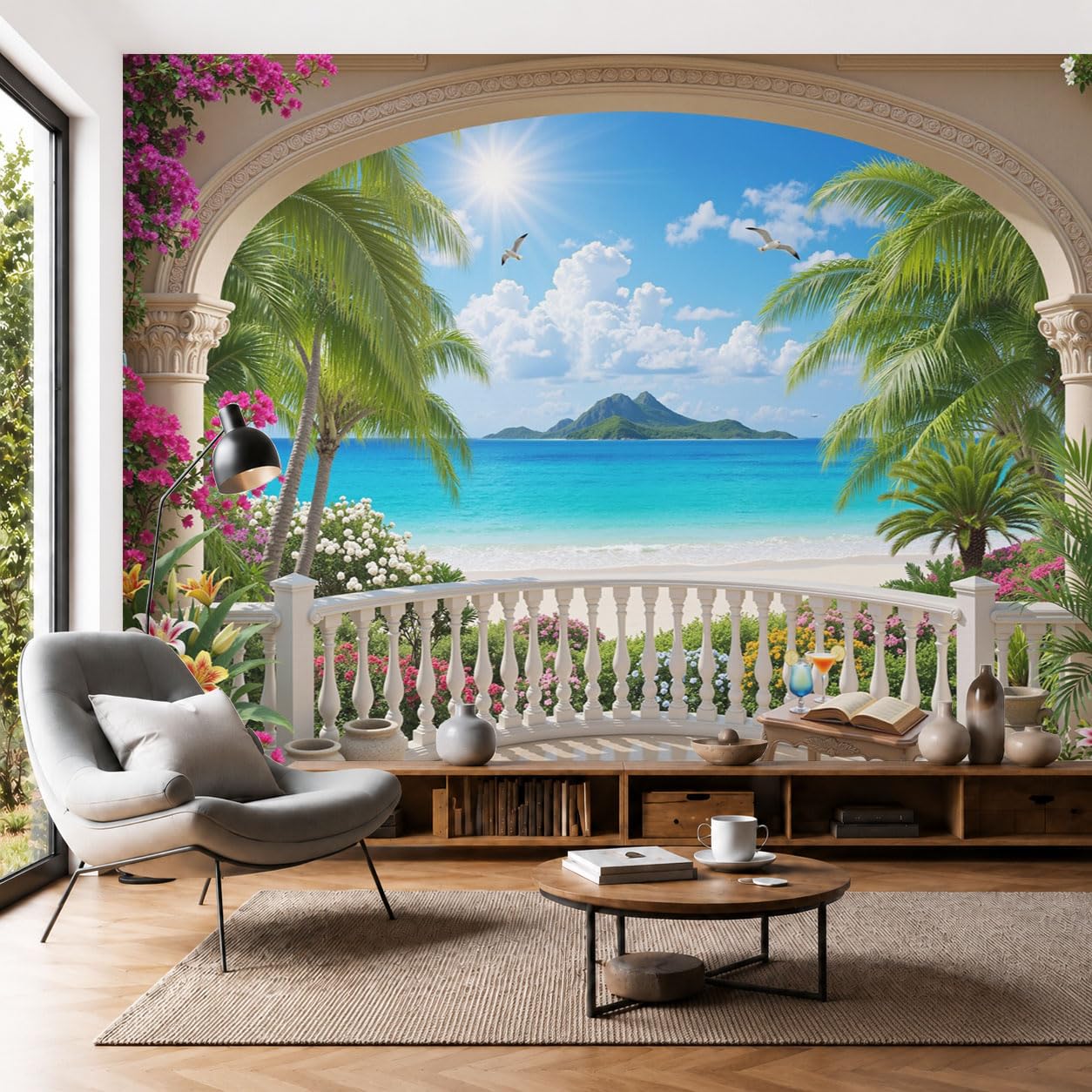 Papier Peint Panoramique Paysage Nordique En Terrasse 350X256Cm Murale Photo - Vacances Romantiques À La Plage Bleu Tapisserie Murales Papier Peint Intissé Pour Chambre Salon Fond Tv - Photo Muraux