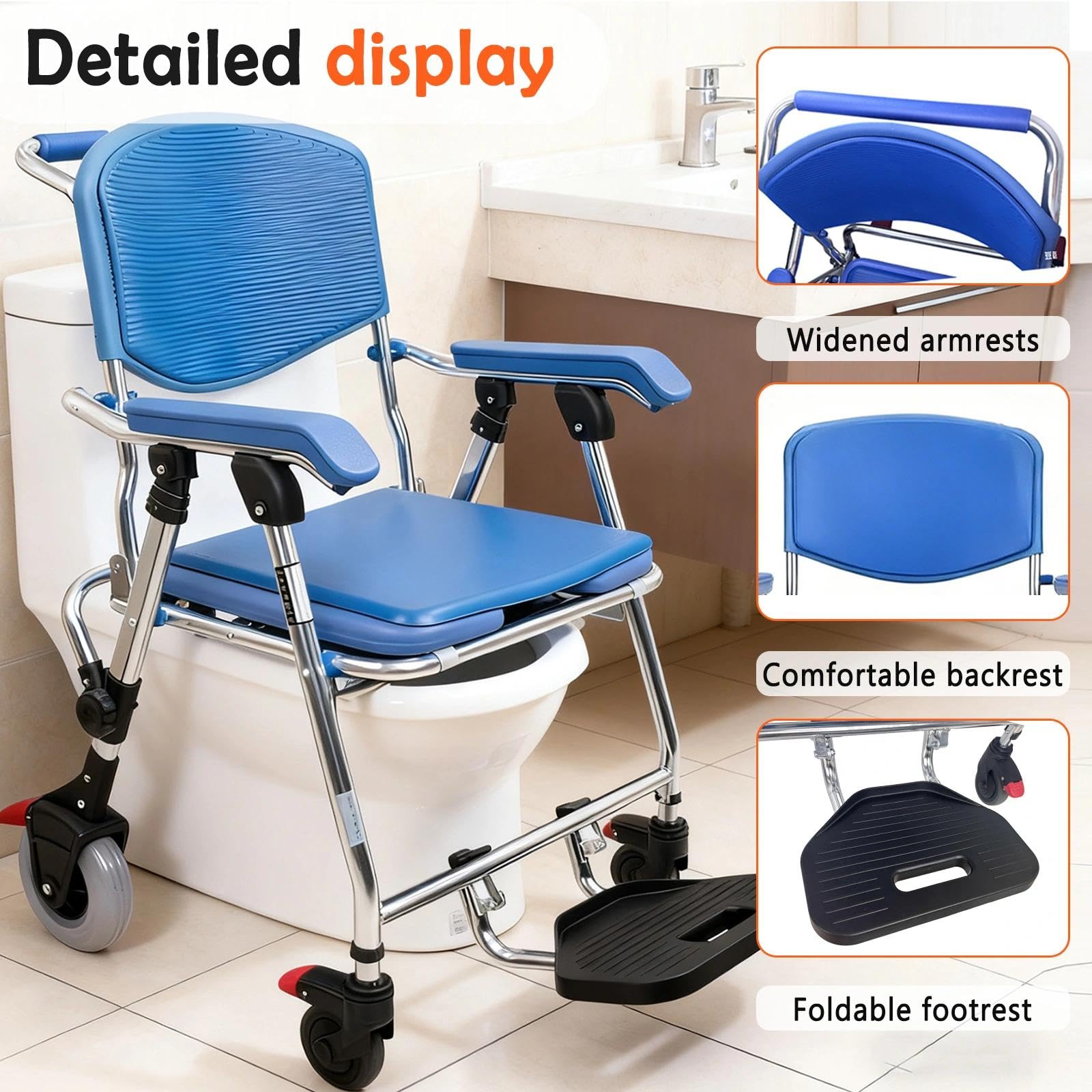 Silla Ducha WC con Ruedas Plegable, Sillas de Ruedas para Ancianos Ducha con Reposabrazos y Respald, Silla De Ruedas para Ducha para Personas Mayores y Discapacitadas 150 kg