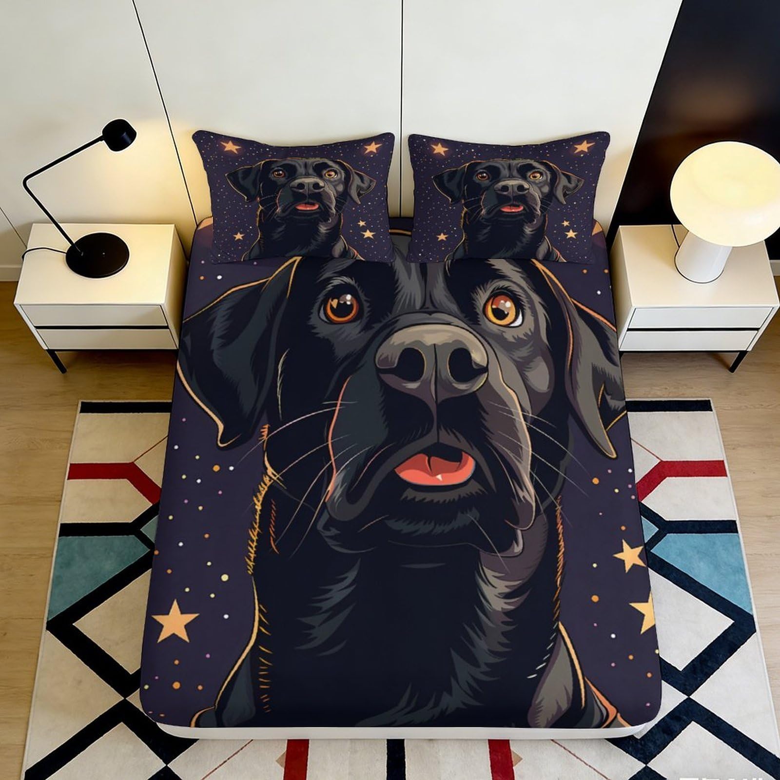 3D Printed Black Labrador Fitted Sheet Microfiber Soft Durable Starry Night Bed Cover for Bedroom Dormitory Guest Room Mattress Protection 120x200x25cm