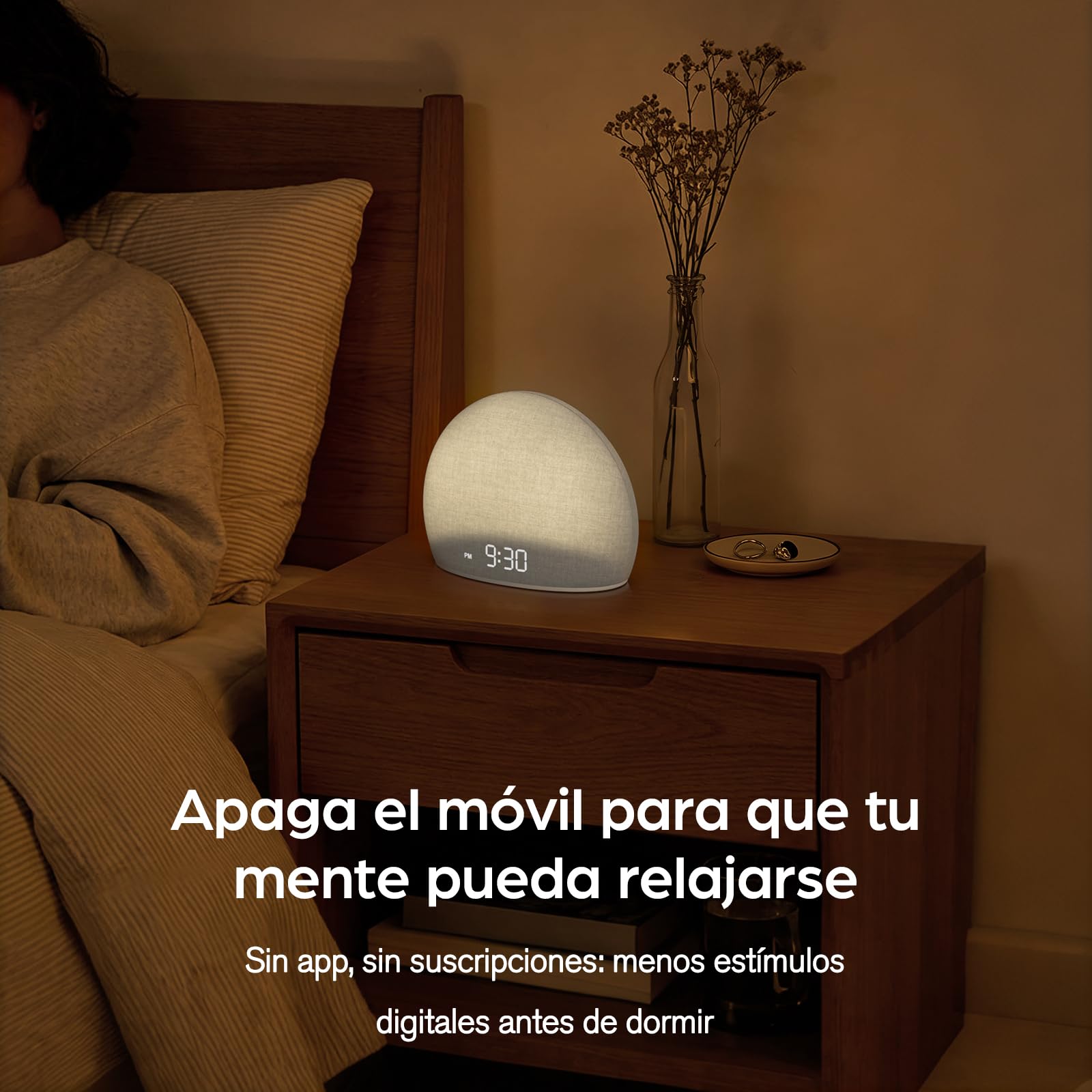 DOUMOSH Despertador con Luz de Amanecer y Máquina de Ruido Blanco | Luz Natural con Alarma Suave, 20 Sonidos Relajantes, Pantalla Regulable, Diseño sin Pantalla