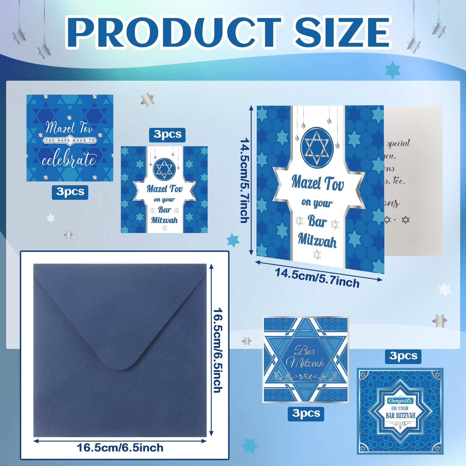 Sinload 12 Pack Blue Bar Mitzvah Cards Bat and Bar Mitzvah Boxed Cards Star of David Design Congratulations Jewish Greeting Cards with Envelopes - Image 2