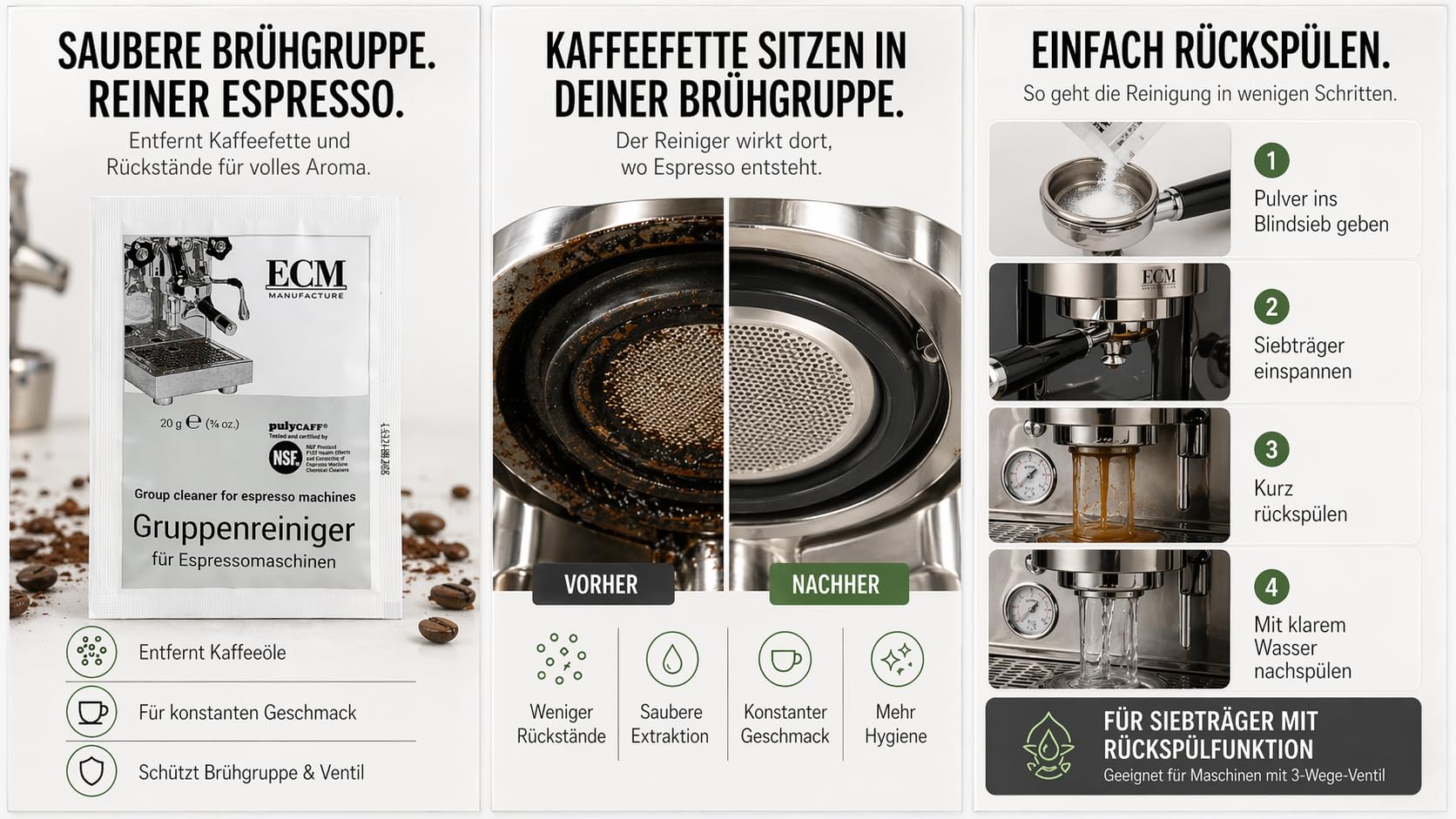 ECM Entkalker, Gruppenreiniger und Mühlenreiniger je 10 Tüten Sparset Bundle