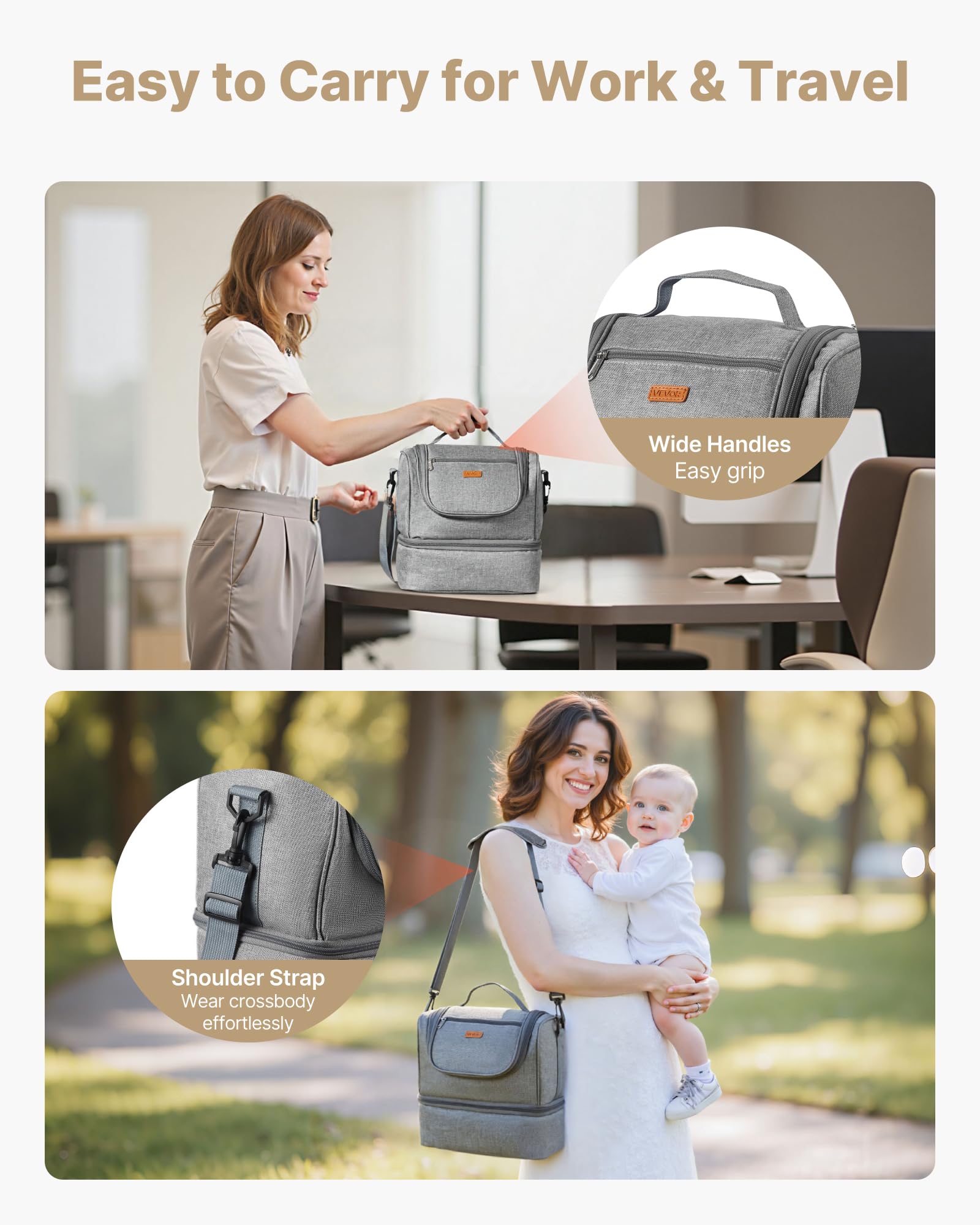 VEVOR Sac pour Tire-Lait S1/S2 Sac Isotherme Conservation Lait Maternel Portable avec Pain de Glace, Bandoulière, Tapis Imperméable, Étui Transport pour Stockage Biberons Lait, Travail, Voyages, Gris