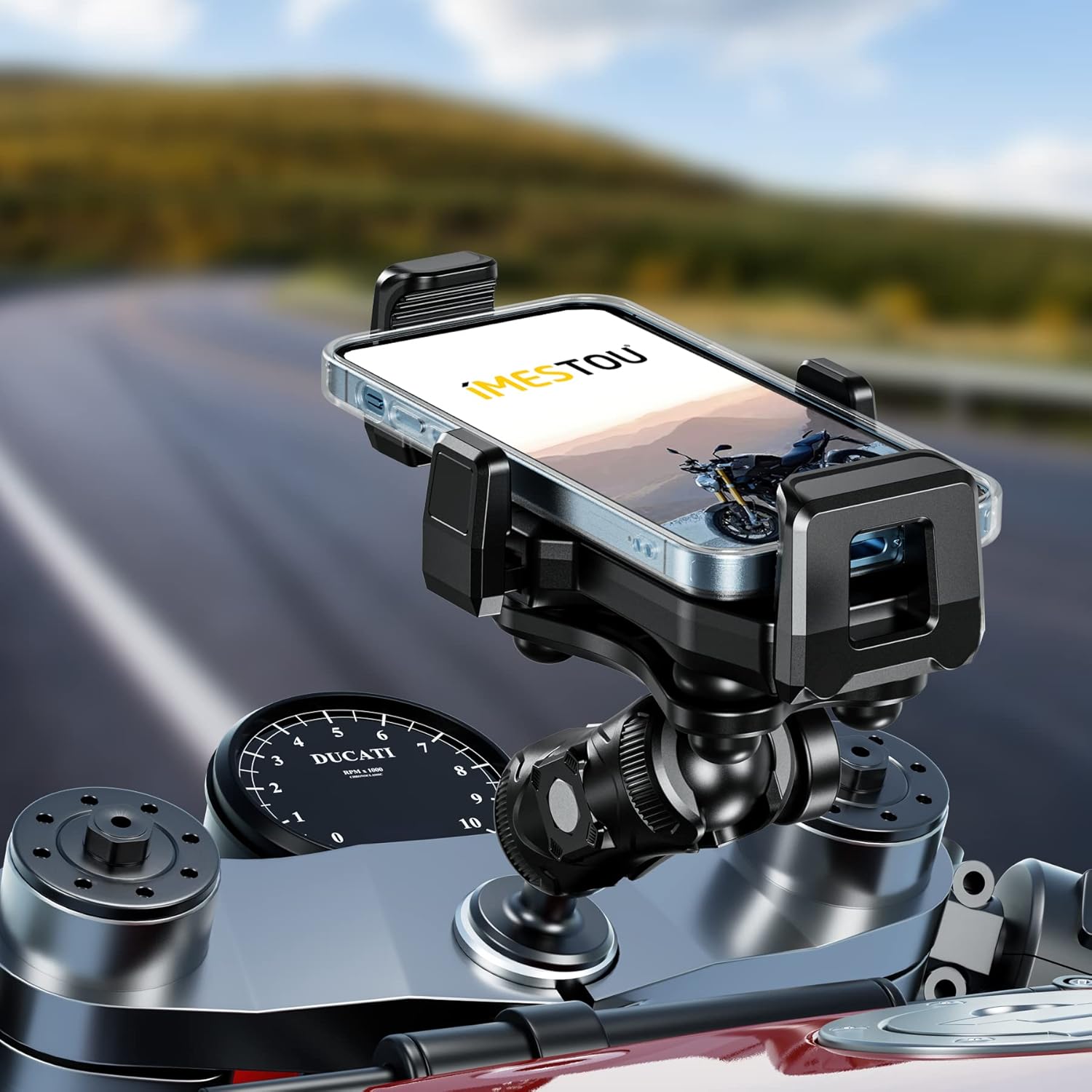 iMESTOU Motorcycle Fork Stem Phone Mount, Anti-Vibration 1" Ball Phone Holder with Anti-Theft Double Socket Arm & Fork Base Suitable for BMW, Yamaha...Motorcycles, Fits for 4.7"-7.2" Cellphones