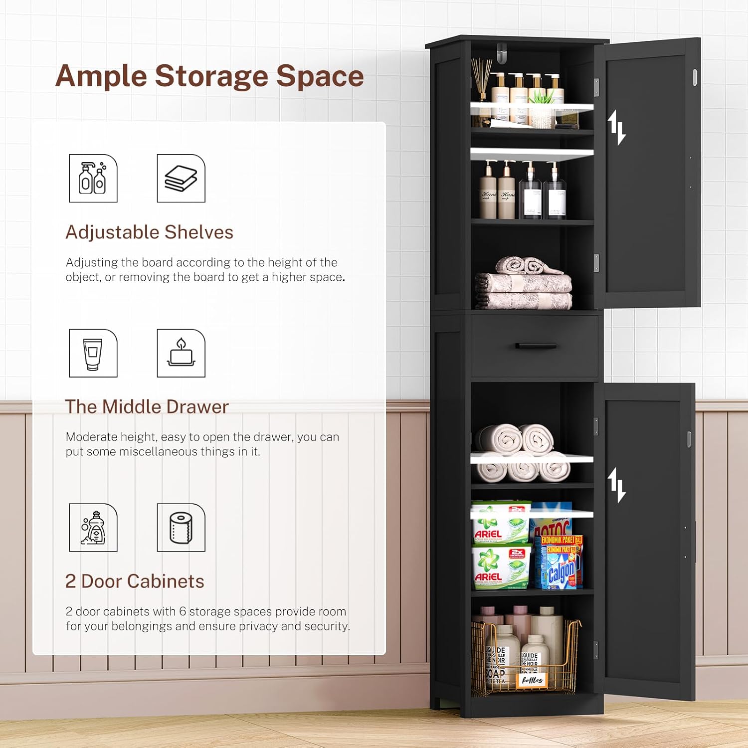WEENFON Tall Bathroom Cabinet, Storage Cabinet with 6 Shelves & Drawer, Bathroom Storage Cabinet with Adjustable Shelves, Tall Cabinet for Living Room, Home Office, Black