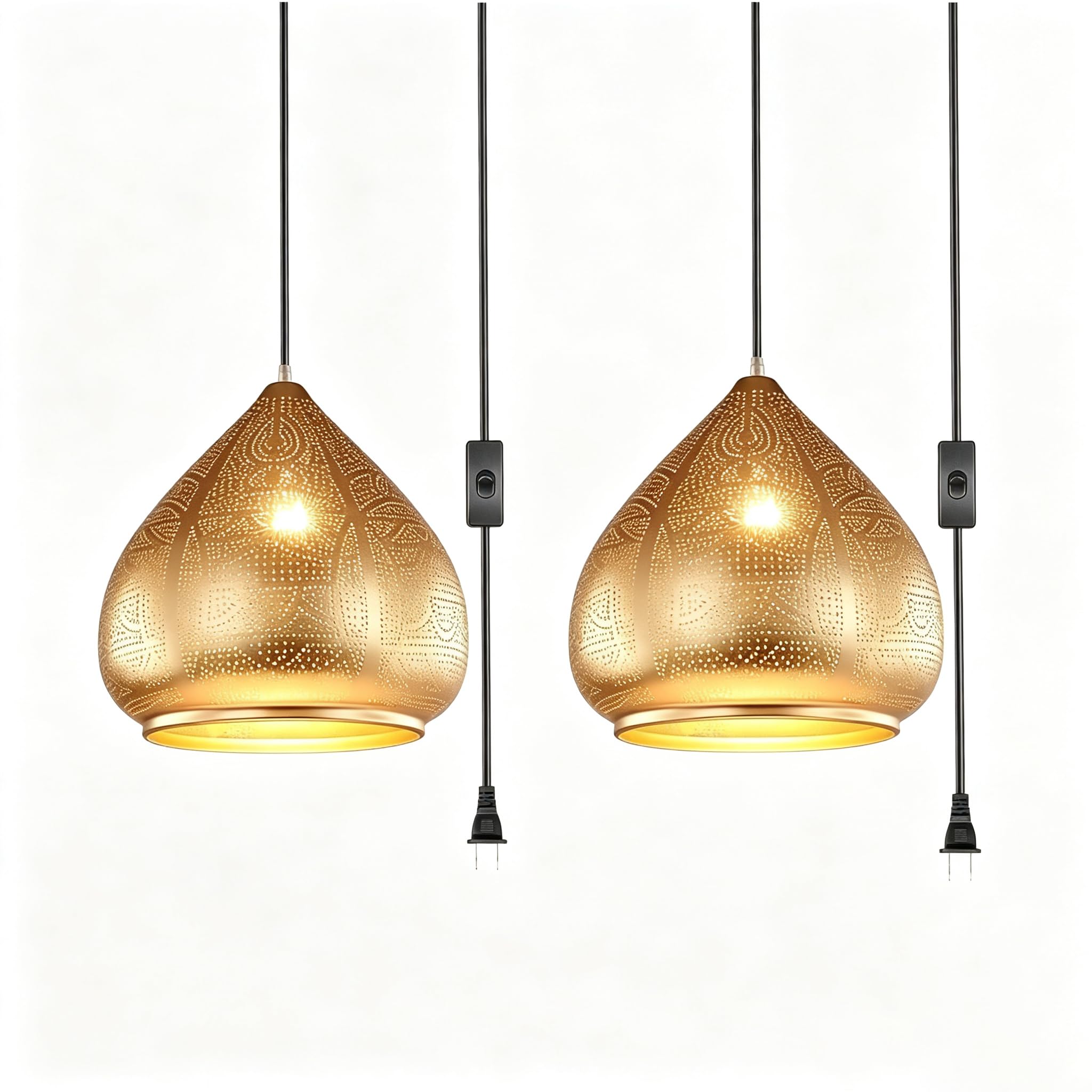 2-Pack Gold Pendant Light Moroccan Hanging Ceiling Lamp Plug in
