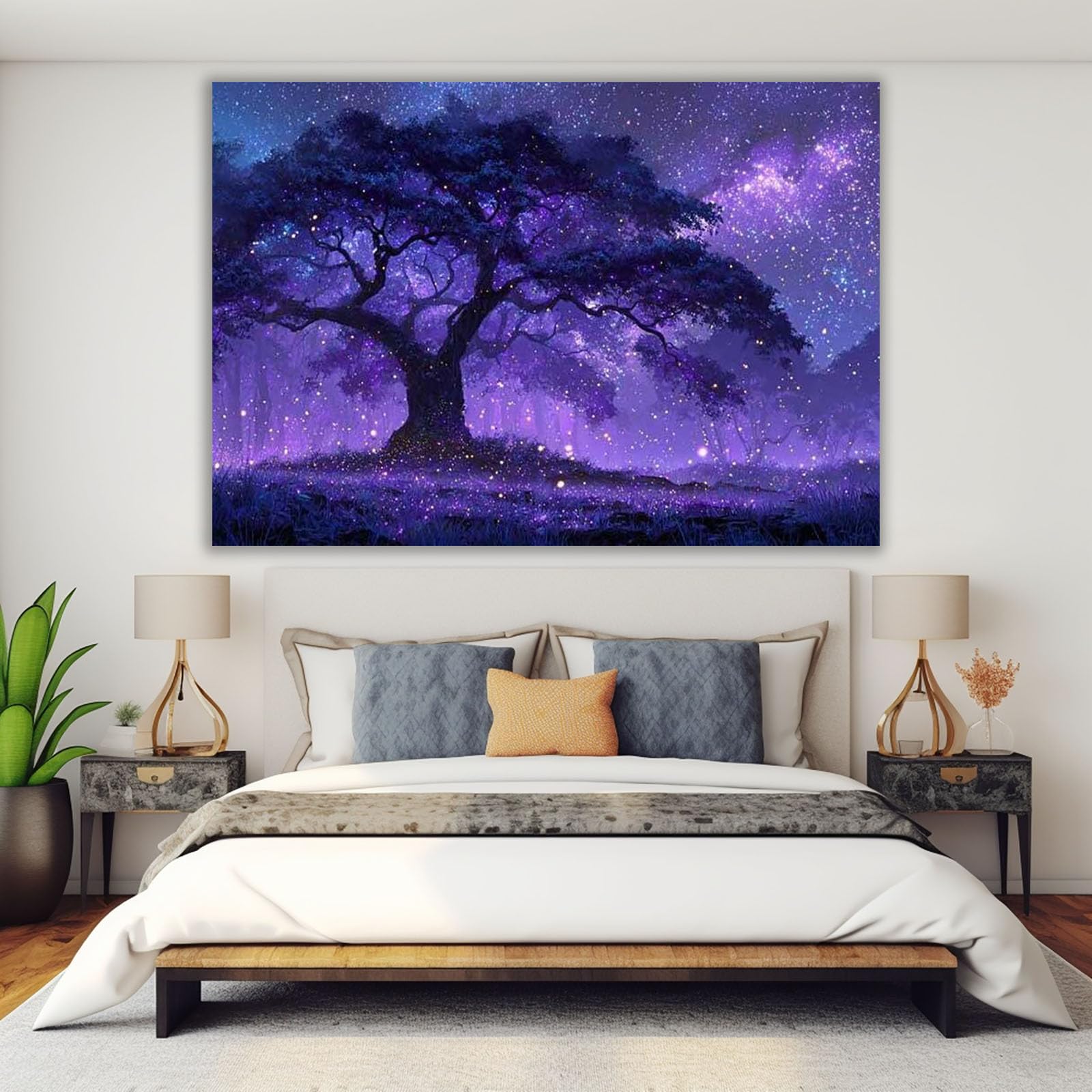 TERUEA Cuadros Decoracion Salon yoga femenino Lienzos decorativos Árbol Mágico Noche Estrellada Fantasía para dormitorio, baño,（Purple-80x120cm1 Sin marco