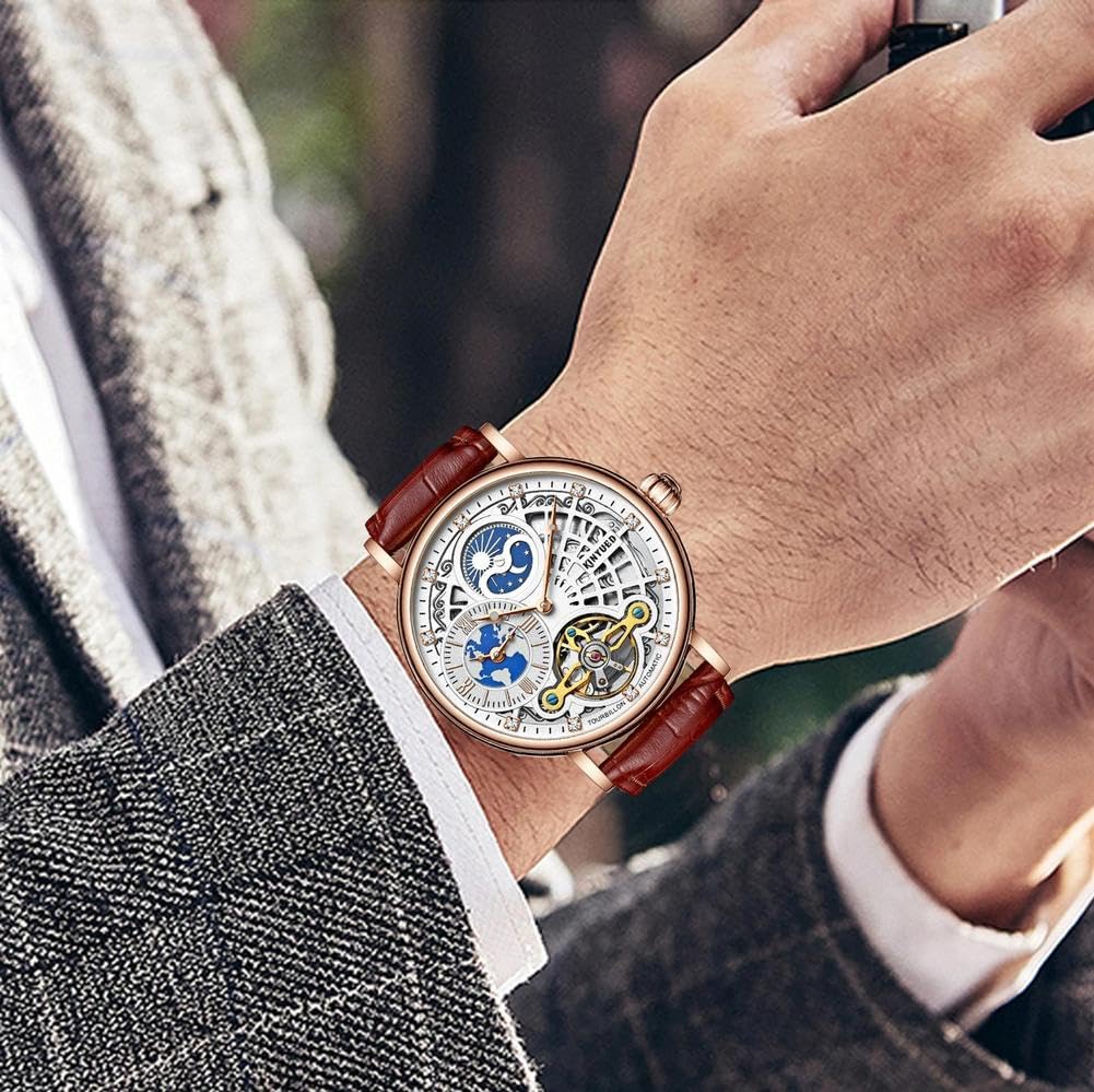 Herren Luxus Skelett automatische mechanische Armbanduhren Leder Mond singende Hände Selbstwinduhr, Tourbillon automatische wasserdichte Kristall Armbanduhr für Männer Geschenk