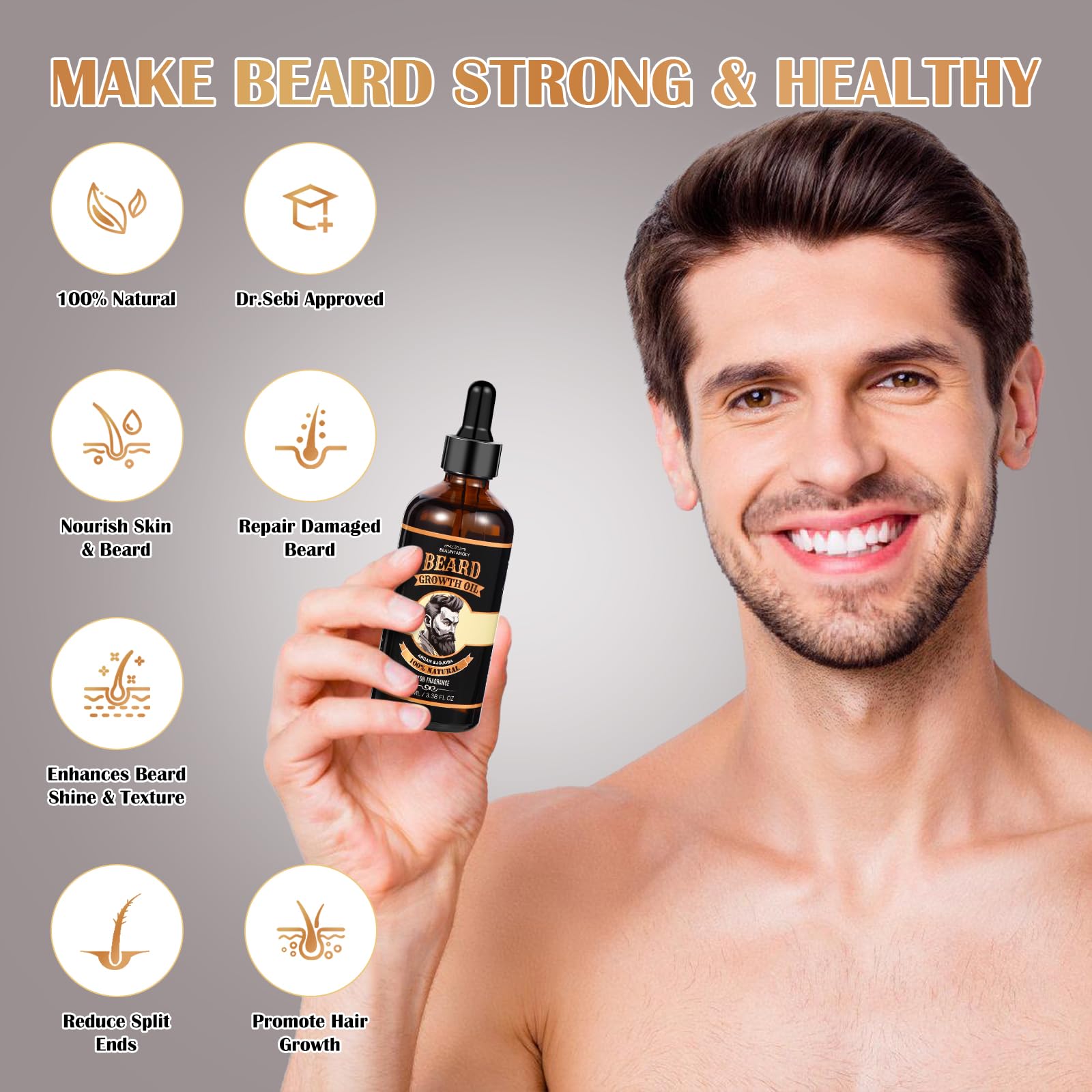 Beauntangly Bartwachstumsöl für Männer, 100 % natürliches Öl mit Argan-, Jojoba- und Rizinusöl, 100 ml (3,38 fl), Bartspülung mit frischem Duft, weich, Nu