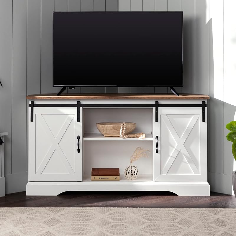 Walker Edison Everette Modern Farmhouse Double Sliding X Barn Door TV Stand for TVs up to 58 Inches 52 Inch Reclaimed Barnwood and Solid White image 2