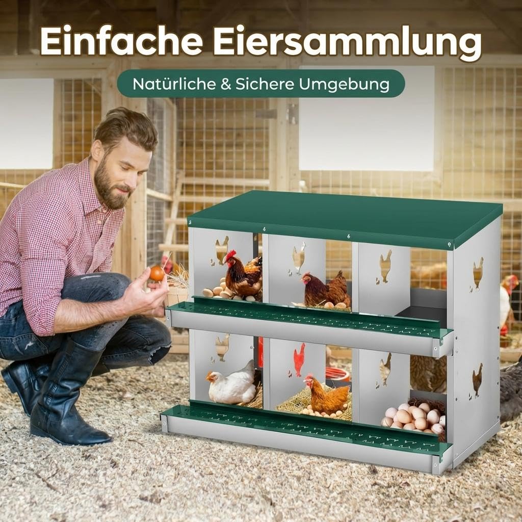 Hühner Legenest 6 Fächer Metall, Abrollnest mit Eierablage, Grün, Stabil | Leicht zu reinigen, Wandhalterung, Montageleicht, Hühnerstall, Geflügel, Hygiene, Robust, Zeitsparend, Nestbox