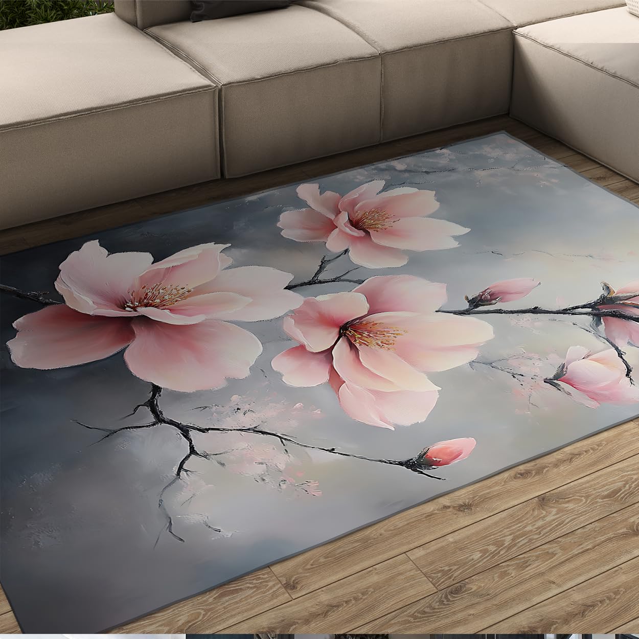 Tapis de salon lavable et grand tapis rose en fleurs style japonais