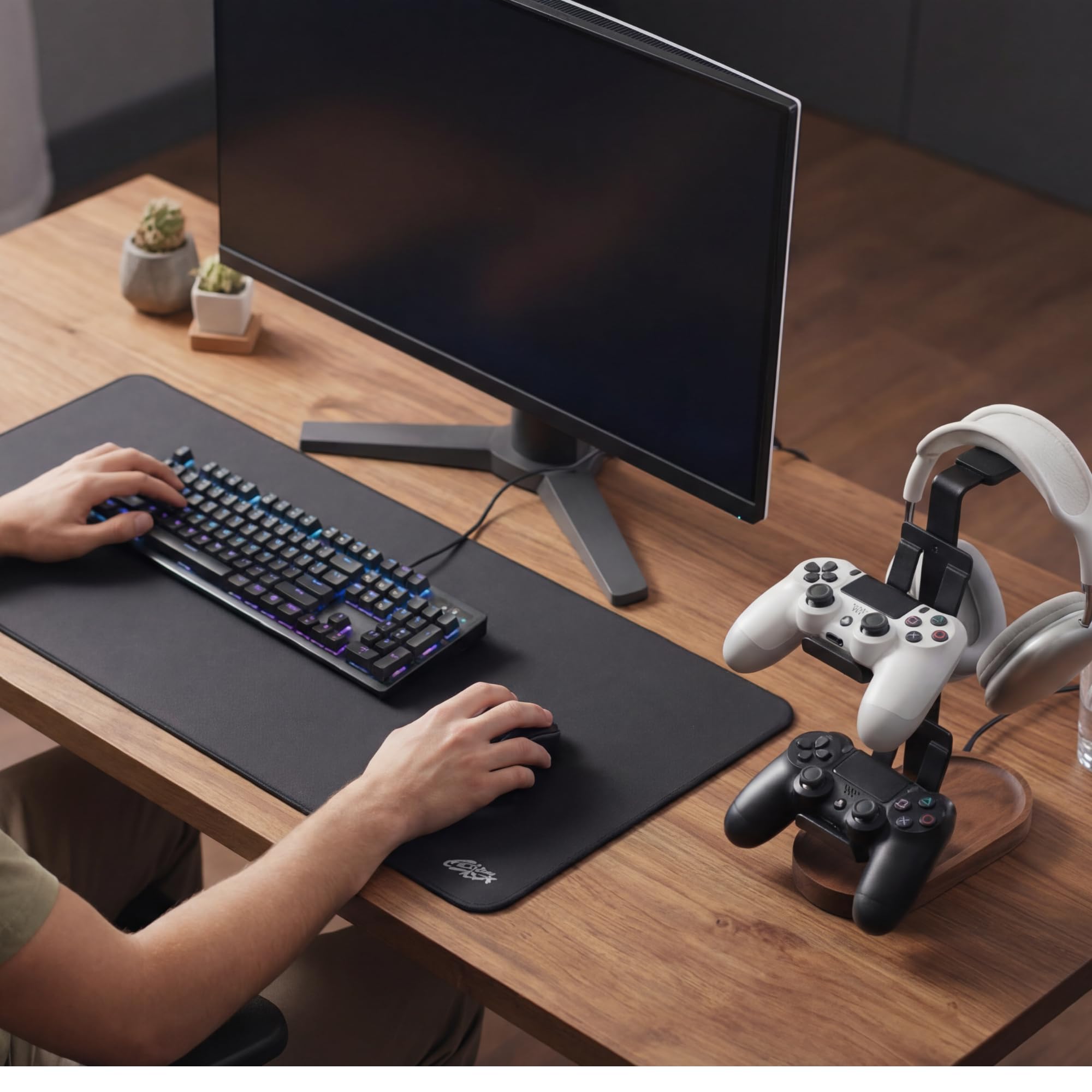 muso wood Supporto per controller da gioco 2 in 1, supporto per cuffie, supporto per controller in noce, supporto per cuffie da tavolo per controller di gioco e accessori per auricolari per PC