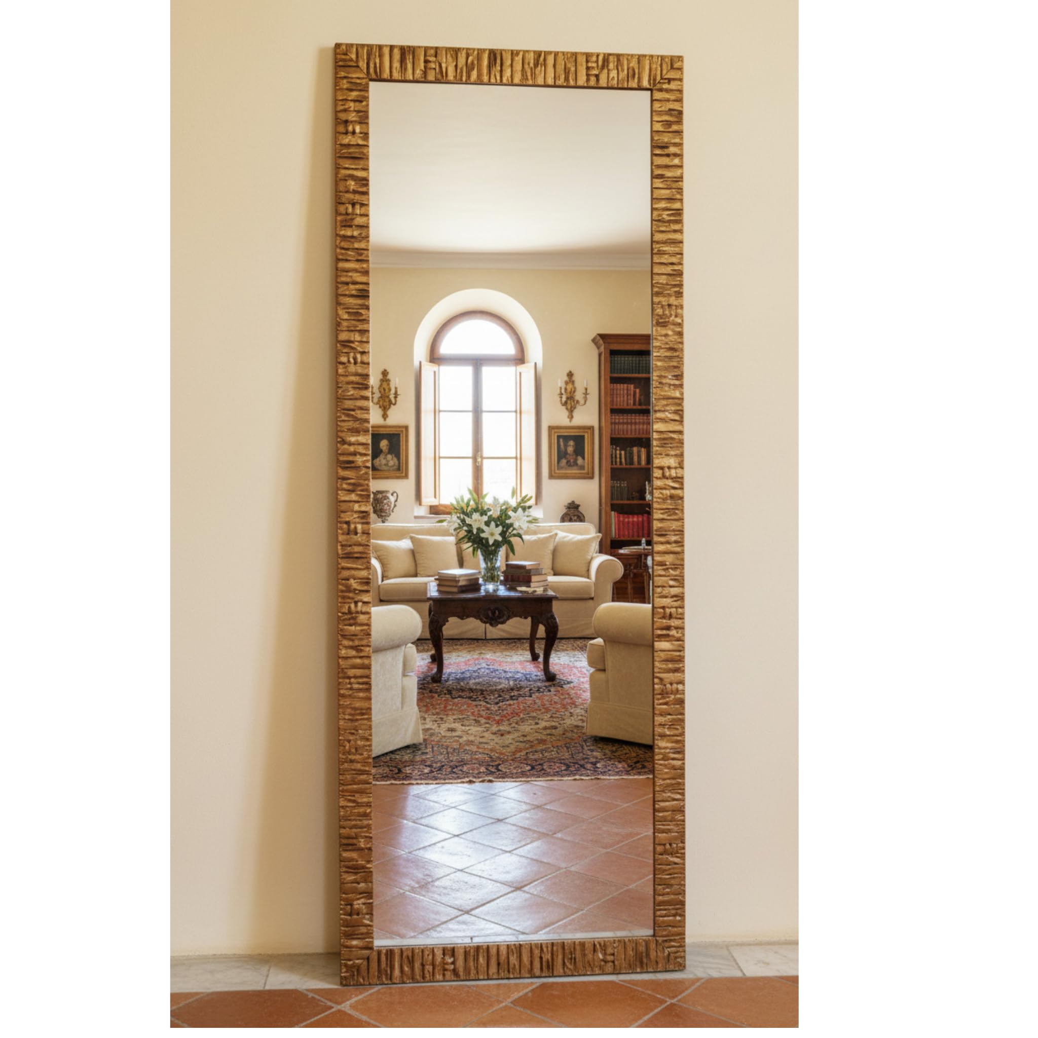 MO.WA Specchio da Parete, Specchiera Muro 55x145 cornice legno Oro Antico, Made in Italy, Grande Specchio, moderno