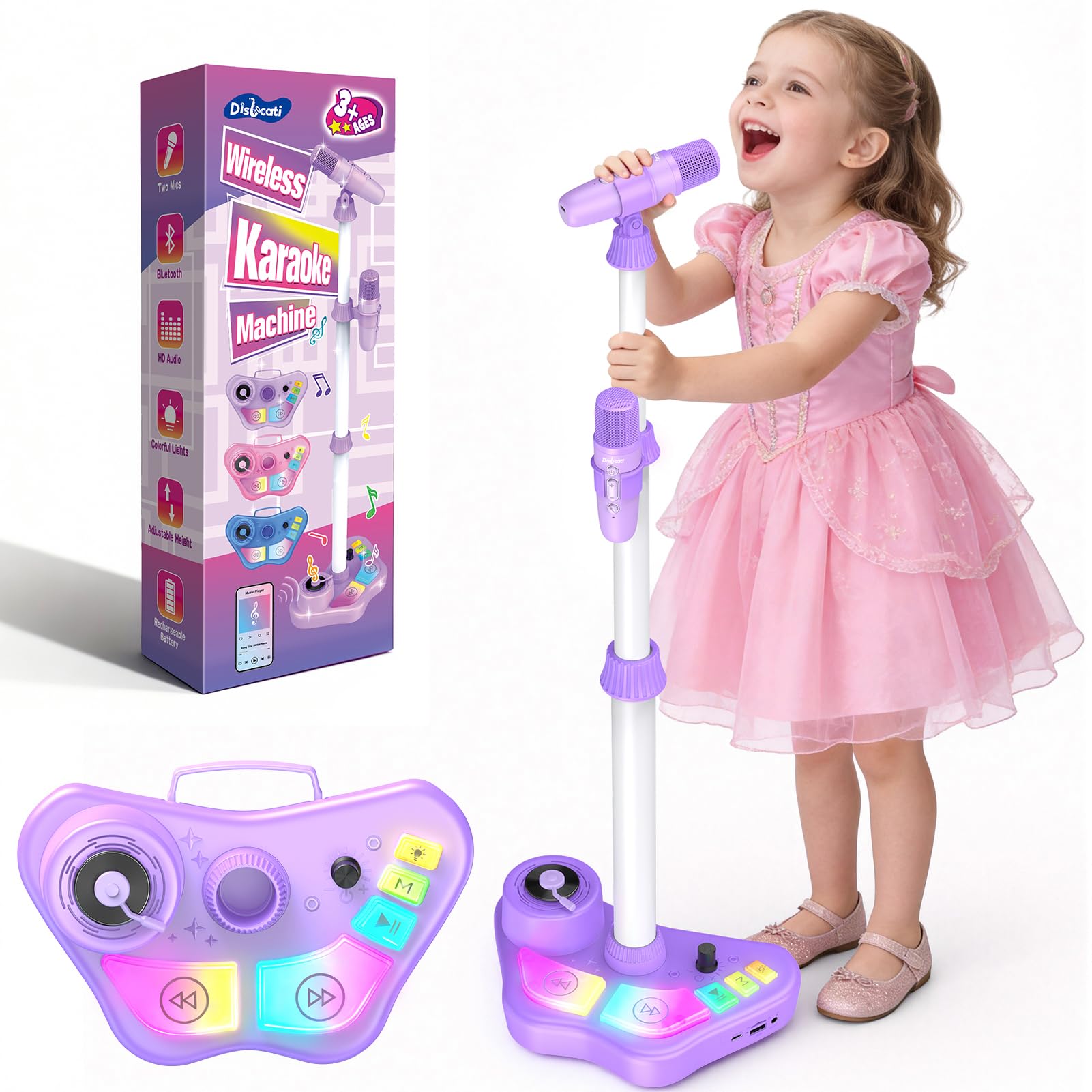 Dislocati Girls Toys Age 3-12, Karaoke Machine 2 Microphones with Adjustable Stand Birthday Gifts for Girls Microphone for Kids Toys Age 3 4 5 6 7 8 9 10 Year Old Girl Gifts