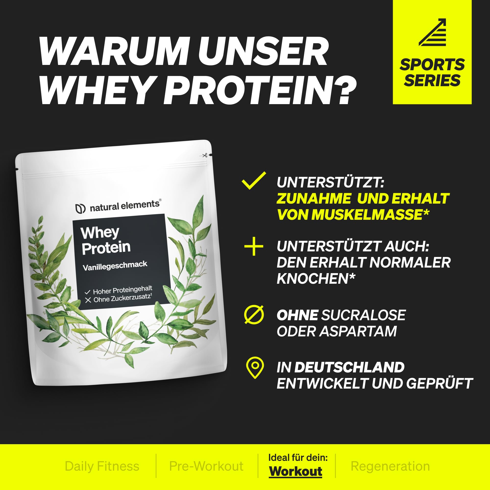 natural elements Whey Protein Pulver – Vanille – 1kg – 24g Protein pro Portion – nicht zu süß, nur natürliche Aromen – hochdosiert – in Deutschland produziert & laborgeprüft