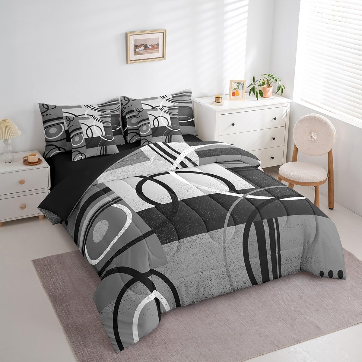 Feelyou Geometric Bedding Set Queen Size 7 Pieces Barclay Arcs Shapes Comforter Set Modern Art Decor Grey Black White Bed in a Bag with Comforter, Sheets, Pillowcases & Cushion Cover - Image 2