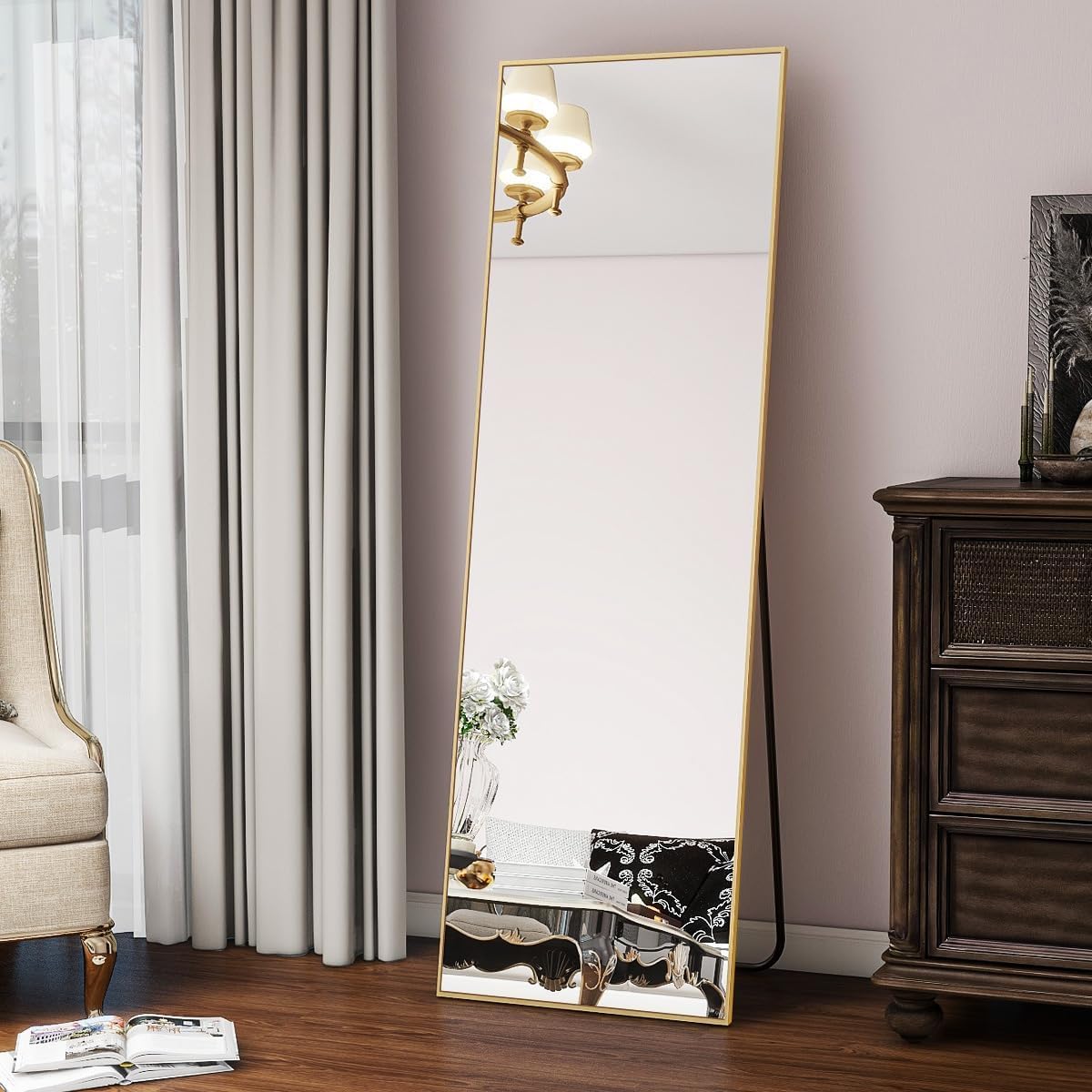 Koonmi 56"x21" Floor Mirror Full Length, Bedroom Floor Body Mirror with Stand, Large Gold Mirror, Leaning, Standing or Hanging Horizontally/Vertically