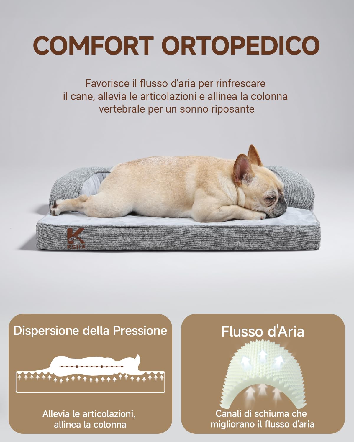 KSIIA Cuccia Cane Interno Cuscino Cane Sfoderabile e Lavabile, Ortopedica e Impermeabile con Base Antiscivolo, Con Cuscino a Forma di U, Grigio, 88x55x15cm