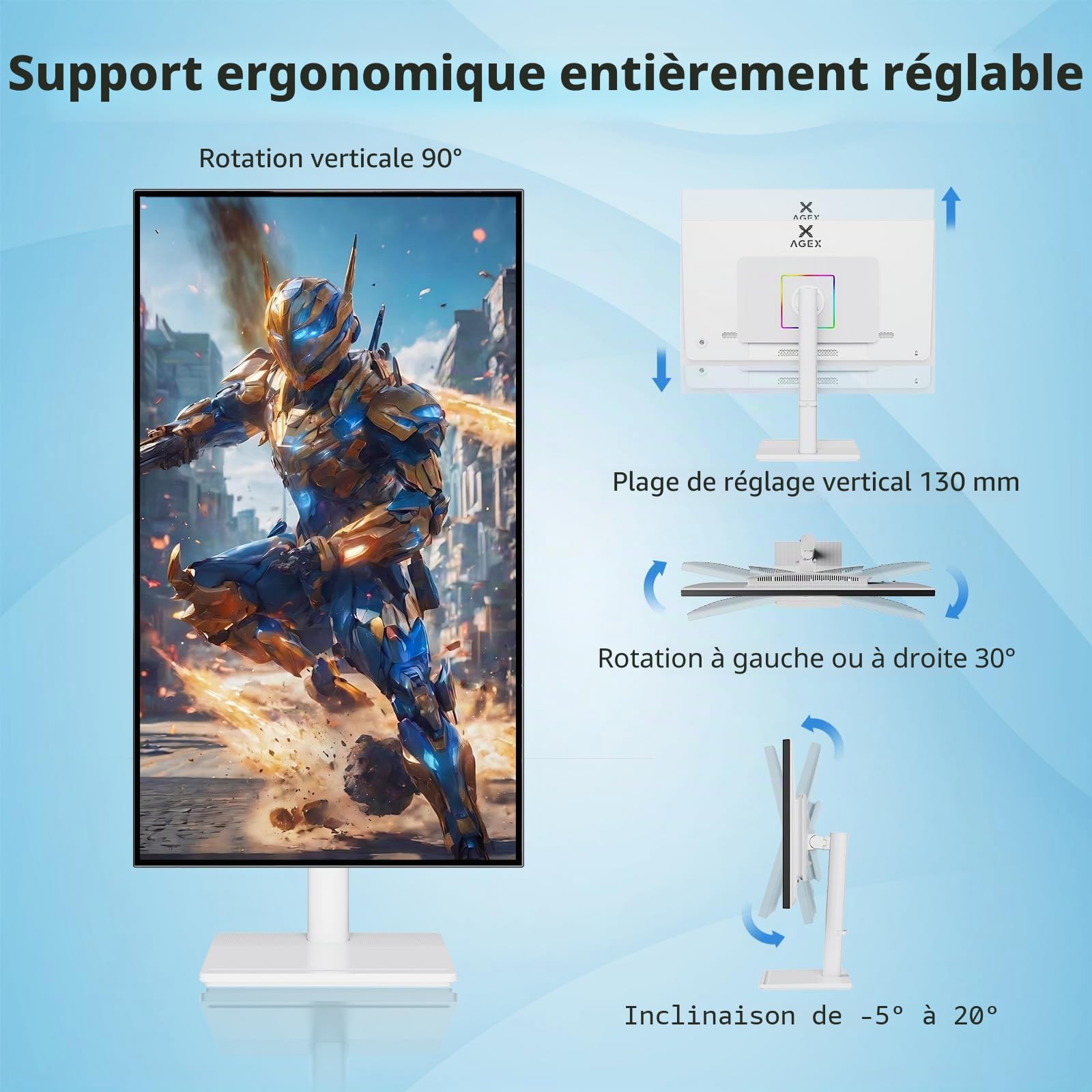 Z-Edge AGEX Ecran 4K UHD 27 Pouces 3840x2160, IPS LED, 400 CD/m², FreeSync, Moniteur Gaming Blanc, HDR10, DP & HDMI, Réglable en Hauteur, Inclinable, Pivotant, Noir
