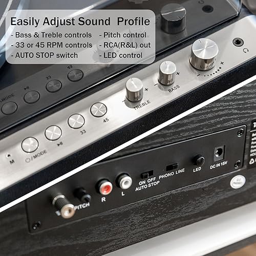 Miniatura 5 de Tocadiscos de vinilo, altavoces integrados, preamplificador de fono, tocadiscos retro de alta fidelidad todo en uno Bluetooth para discos de vinilo,