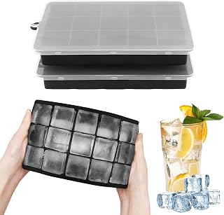 2 Pieces Silicone Ice Cube Molds with Lids, 15 Compartments Black Ice Cube Container Reusable Square Ice Cube Tray Large for Chilled Drinks, Whiskey and Cocktails