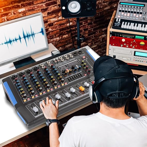 Pyle 8-Channel Console Style Audio Mixer with Bluetooth - DJ Sound Controller, 4 XLR / Combo Inputs, Sub Out, +48V Phantom, USB-A In, 16 DSP Effects, MP3 Player, 7-Band EQ - PMXU88BT