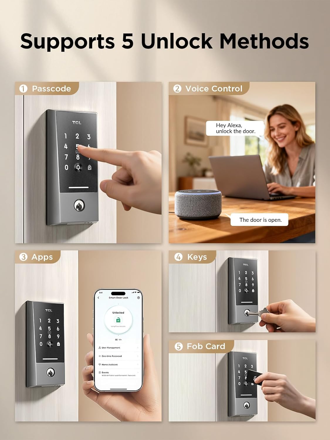 TCL Wi-Fi Smart Lock D2, Keyless Entry WiFi Door Lock with Key Fob, Built-in Doorbell, Touchscreen Keypad, App Remote Control, Easy Installation, No Bridge Required, Auto Lock (Dark Grey)