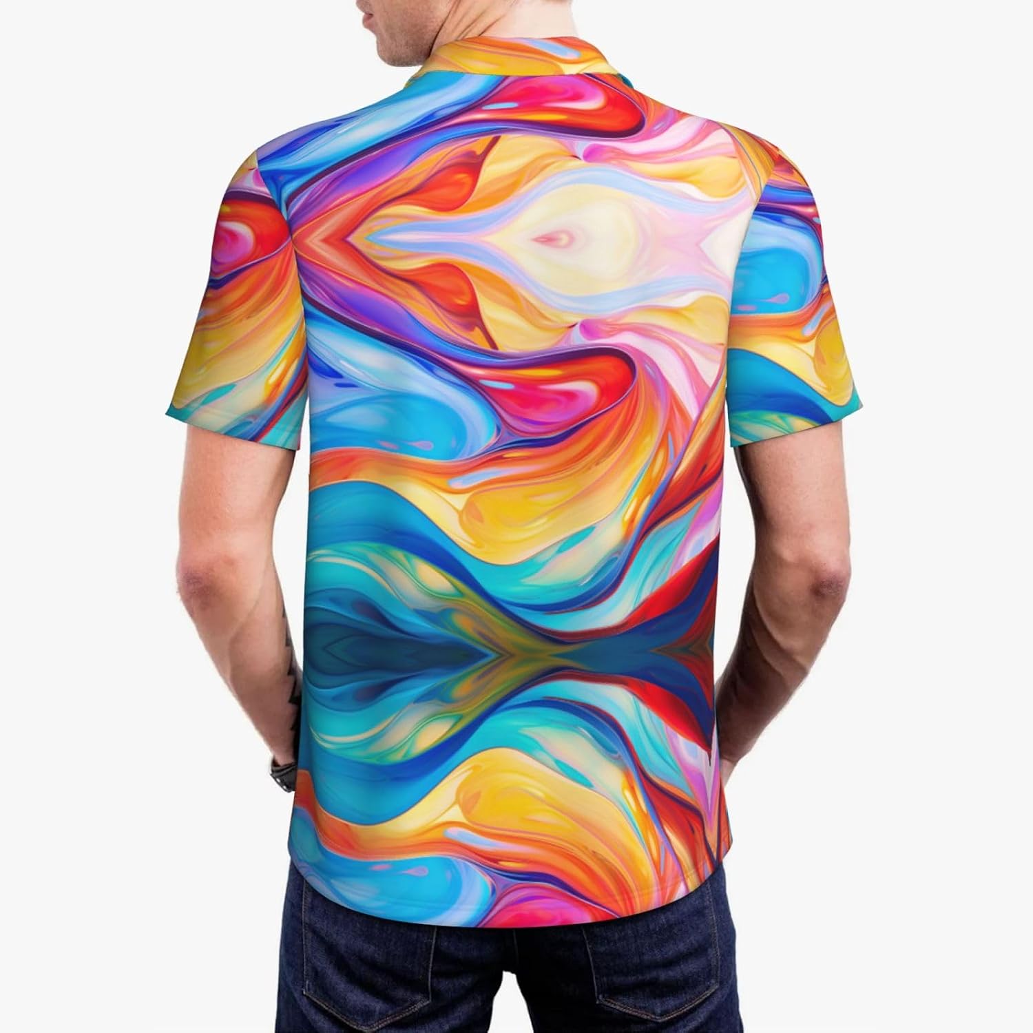 Colorful Lines Art Print Polo Shirts Short Sleeve,Casual Shirts for Men,Versatile Fashion for All Occasions