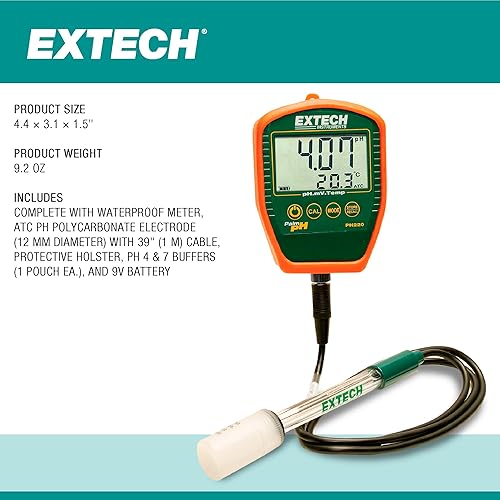Miniatura 7 de Extech PH220-C - Medidor de pH de palma impermeable con electrodo cableado, color negro