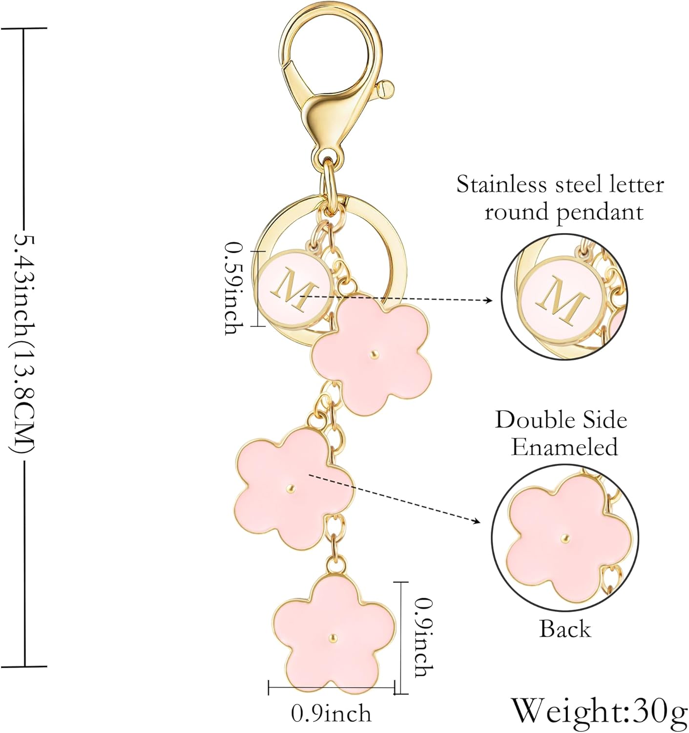 XGALBLA Women's Initial Keychain White/Pink/Black Flower Charms for Key Cute Letter Keyring for Handbag Backpack Accessories - Image 2