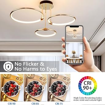 Led Gold Ceiling Light, 3 Round Ring Design/ Ø56cm Chandelier, 60W Stepless Dimmable, Creative Metal Electroplate Pendant, Modern Lamp For Bedroom Living Children Office Study Kitchen Hallway [Energy Class A]