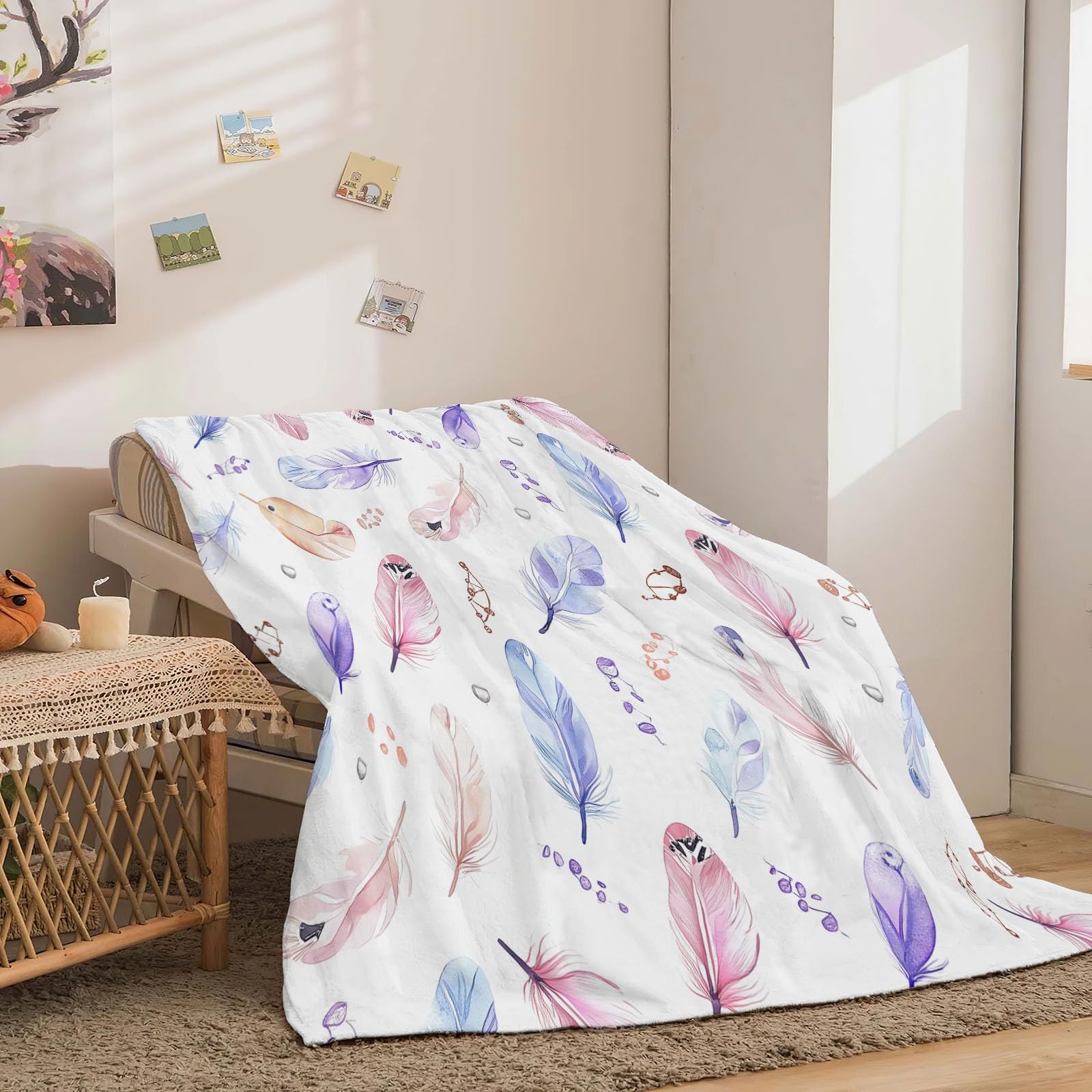 Koc polarowy czeski z akwarelowymi piórami koc flanelowy, gruby miękki ciepły ciepły koc polarowy na sofę łóżko biały koc zimowy 180 x 220 cm